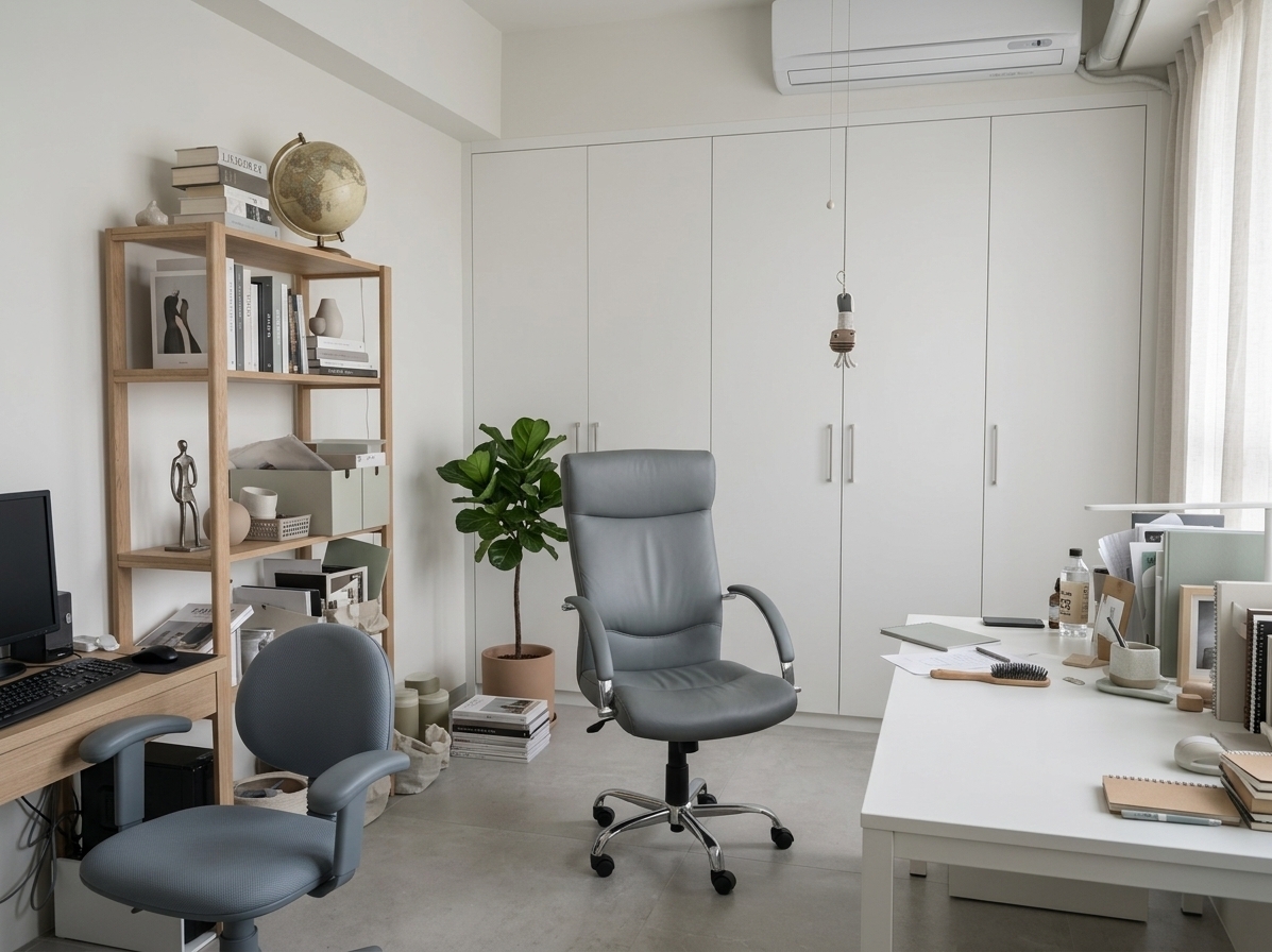 An incredibly lifelike, richly detailed, photorealistic wide-angle interior photograph of a serene, minimalist study room reimagined as an uncluttered haven, set in a contemporary high-rise apartment. The scene is illuminated by soft, diffused natural daylight streaming through sheer linen curtains, creating a tranquil and focused atmosphere. Captured with a 35mm lens, emphasizing the matte finishes, smooth light oak grains, and subtle fabric textures, the room features a refined color palette dominated by shades of white, warm gray, and subtle pastel sage. A streamlined light wood desk with sleek black metal legs takes center stage, featuring entirely clutter-free surfaces adorned only by an open photography book and a delicate matte-black LED desk lamp. In place of the former clutter, seamless wall-to-wall white floating cabinets and floating shelving units hold a curated collection of minimal decor, balanced by a sophisticated piece of abstract wall art in muted monochromatic tones. Zen-inspired furnishings, including an ergonomic slate-gray mesh chair and a lush, potted fiddle-leaf fig plant standing in the corner, bring harmonious balance, proportion, and effortless elegance to this beautifully functional workspace.