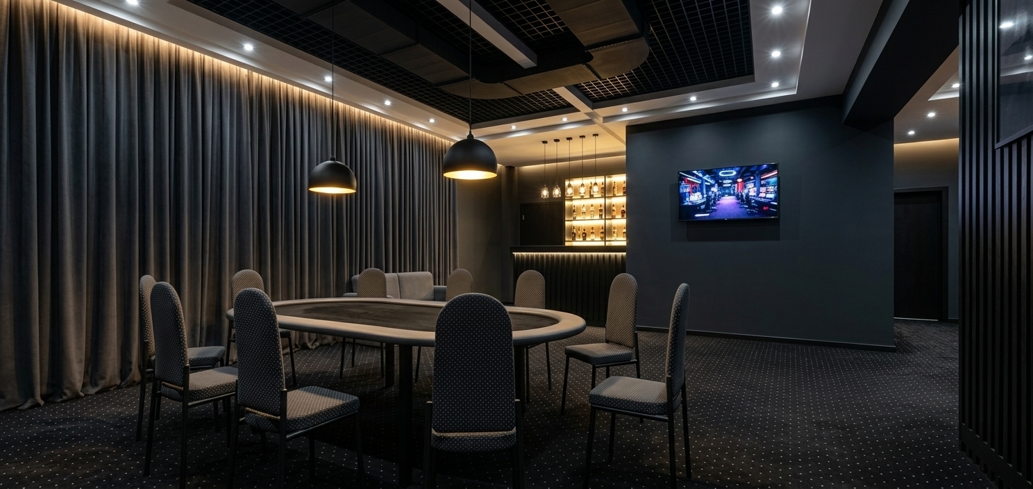 An incredibly lifelike, richly detailed, photorealistic interior photo of an elegant, modern coworking space and VIP gaming lounge set in an exclusive urban establishment. The scene is illuminated by bright, warm artificial lighting, recessed fixtures, and glowing architectural LEDs, creating a dark yet intensely welcoming, high-end atmosphere devoid of natural sunlight. Captured with a 24mm wide-angle architectural lens, emphasizing the rich tactile textures of velvet, smooth timber, soft textiles, and matte finishes, the room features deep anthracite-colored walls complemented by vertical black slatted partitions. Above, a multi-level ceiling showcases a sleek anthracite supply-and-exhaust ventilation duct contrasted by a crisp white recessed tier fitted with bright white spotlight fixtures. Underfoot, a plush black carpet subtly speckled with fine white dots stretches across the room. On the left, dramatic anthracite floor-to-ceiling drapery is bathed in a soft wash of warm light emanating from concealed cove lighting at the ceiling edge. In the foreground, an oval grey table accented with a matte black velvet central inlay is surrounded by contemporary chairs featuring slim black legs and dark grey upholstery patterned with tiny dots; matte black pendant lights suspend directly above the table, bathing it in focused golden light. Mounted on the central wall, a flat-screen television displays a vibrant image of a high-tech gaming hall, while in the background, a modern black bar counter with integrated under-counter glow sits before a bar display unit featuring a radiant illuminated back wall lined with shelves of polished glass bottles.