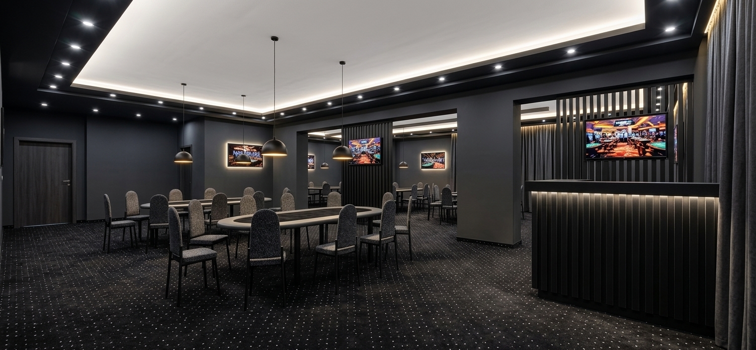 An incredibly lifelike, richly detailed, photorealistic wide-angle interior photograph of an executive lounge and meeting room set in an exclusive venue defined by contemporary elegance. The scene is illuminated by brilliant, warm artificial lighting from recessed white ceiling spotlights, architectural cove LEDs, and low-slung black pendant lamps, creating a sophisticated, ambient, and highly focused mood atmosphere in this windowless, sun-free sanctuary. Captured with a high-end full-frame camera and a 24mm tilt-shift lens, emphasizing rich, dark matte textures, plush carpeting, and precise geometric lighting accents, the space features deep anthracite walls and a dramatic multi-level ceiling where dark anthracite borders frame a crisp white drop-ceiling tray filled with bright white spotlights. Plush black carpet patterned with subtle white speckles flows across the floor, anchoring long grey oval tables fitted with luxurious black velvet center inserts on their tops. Elegant chairs with slender black legs and dark grey speckled upholstery surround the tables, perfectly positioned beneath hanging black dome pendant lights that cast glowing warm pools of light over each seat. Dark anthracite drapery hangs gracefully on the perimeter, highlighted by hidden ceiling cove lighting that sweeps down the fabric, while vertical black slat partitions divide the room, supporting flat-screen televisions displaying vivid, high-contrast scenes of a bustling casino gaming floor. To the right, a striking black reception counter adorned with fine vertical slats glows with soft, integrated LED accent lighting, completing the polished, high-end design.