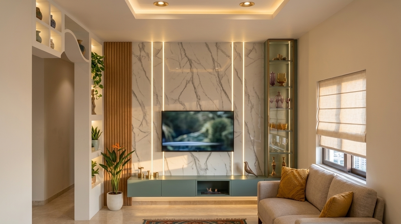 An incredibly lifelike, richly detailed, photorealistic wide-angle interior photo of a sophisticated bohemian oasis living room set in a modern urban apartment. The scene is illuminated by soft, recessed cove ceiling lighting and warm, ambient brass accent LEDs, creating a cozy, serene, and free-spirited atmosphere. Captured with a 35mm lens, emphasizing the rich tactile contrast of veined marble panels, fluted natural timber, brushed gold trim, and soft woven textiles.

The central focus is an elegant feature wall composed of large, glossy white marble slabs with subtle gray veining, divided by glowing vertical brass strip lights. To the left, a warm fluted wood accent panel transitions into a built-in white display partition filled with vibrant potted greenery and handcrafted ceramic sculptures. Below the central wall-mounted TV, a floating sage-teal media console houses a discreet fireplace insert and minimalist decorative art pieces. A tall glass display cabinet on the right gracefully houses vintage-collected glassware and artisanal trinkets. Cozying up to the window—which is dressed with a tailored, cream-colored linen roman shade—is a comfortable, neutral-toned sofa accented with a vibrant mustard-yellow pillow, while a globally-inspired woven area rug in rich shades of warm rust, deep teal, and earthy neutrals anchors the polished stone floor.