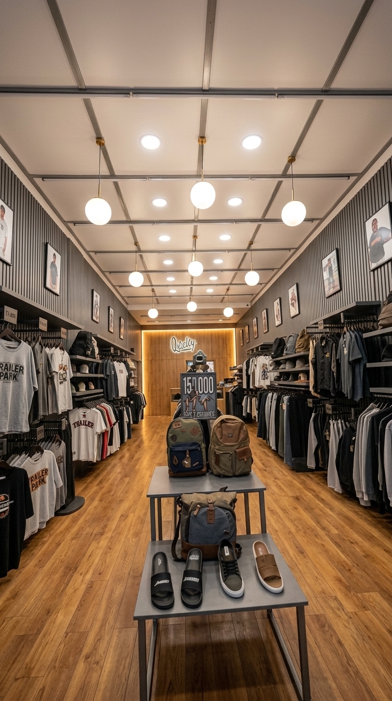 An incredibly lifelike, richly detailed, photorealistic wide-angle interior shot of a boutique clothing store set in an urban industrial loft environment. The scene is illuminated by the soft, warm glow of aesthetic circular recessed ceiling lights and minimalist globe pendants, creating a sophisticated, trendy atmosphere. Captured with a 24mm f/2.8 lens, emphasizing the vertical textures of slatted grey WPC panels lining both the left and right walls, which beautifully contrast with a clean, seamless white PVC ceiling. Matte-black industrial clothing racks are mounted along the grey fluted walls, neatly displaying organized apparel, while central light-wood islands showcase modern footwear and backpacks on polished oak floors. The balanced central pathway guides the eye toward a glowing backlit timber feature wall at the rear, harmonizing raw industrial elements with modern retail luxury.