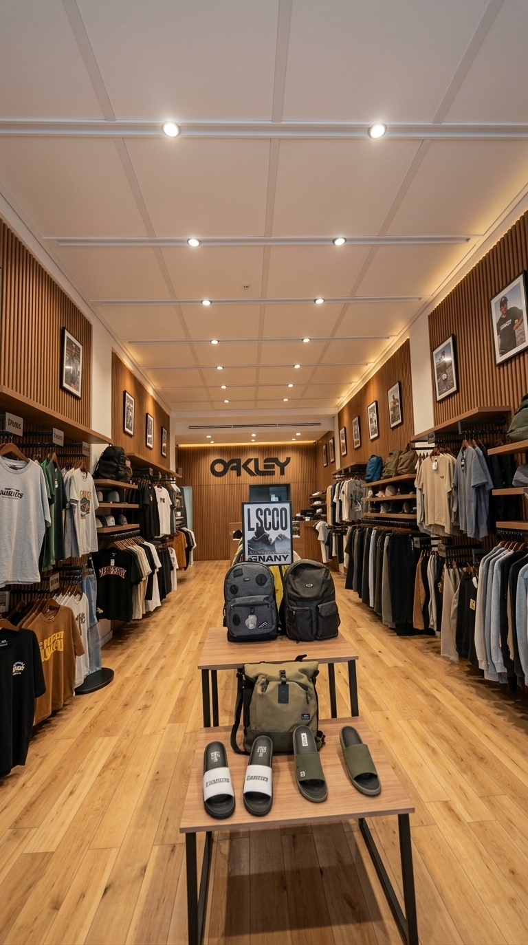 An incredibly lifelike, richly detailed, photorealistic wide-angle interior photo of a streetwear clothing store set in a modern industrial loft environment. The scene is illuminated by sleek, round recessed LED downlights and warm accent spotlights, creating an aesthetic, cozy, and sophisticated atmosphere. Captured with a professional 24mm prime lens, emphasizing the tactile vertical ridges of WPC wall paneling, smooth ceiling finishes, and refined timber textures.

Flanking the long, symmetrical space, both the left and right walls are fully clad in rich, warm-toned WPC fluted panels, serving as an elevated backdrop for neatly organized matte-black hanging racks and minimalist wooden floating shelves. Overhead, a clean, seamless white PVC ceiling replaces the old fixtures, housing soft circular downlights that cast a focused, inviting glow onto pristine lines of hanging apparel and folded merchandise. Down the center, polished light-wood floorboards lead past tidy, industrial-style oak and black metal display islands showcasing footwear and accessories, resulting in an effortlessly spacious, ultra-neat, and high-end retail experience.