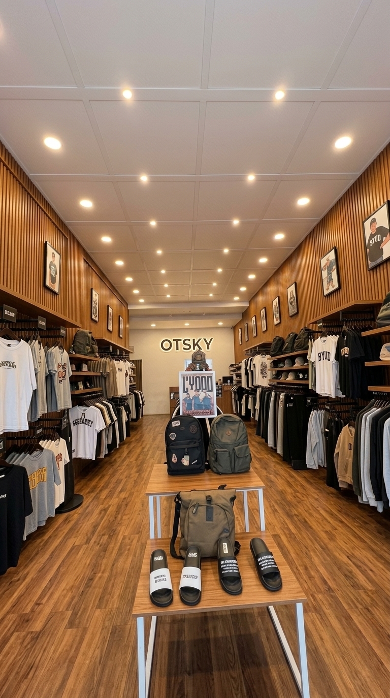 An incredibly lifelike, richly detailed, photorealistic wide-angle interior shot of a modern fusion clothing store set in an upscale urban retail location. The scene is illuminated by recessed warm-white round LED downlights arranged neatly along the ceiling, creating a warm, elevated, and welcoming atmosphere. Captured with a 24mm f/2.8 lens, emphasizing the rich vertical grain of the WPC wall paneling, smooth ceiling finishes, and organized apparel displays. The left and right perimeter walls are completely transformed with elegant warm-oak Wood-Plastic Composite (WPC) fluted paneling, bringing rich texture and natural rhythm to the long boutique layout. Above, the ceiling is updated to a seamless, pristine white PVC panel system that cleanly houses the round downlights, replacing all legacy tube fixtures. At the deep focal point of the store, the rear wall features a backlit, sophisticated 3D letter sign reading "OTSKY," glowing softly to anchor the visual perspective. Streamlined black steel racks lined along the sides display neatly organized garments, while low, minimalist wood-and-white display tables run down the center aisle showcasing accessories and footwear, completing a harmonious, high-end retail experience.