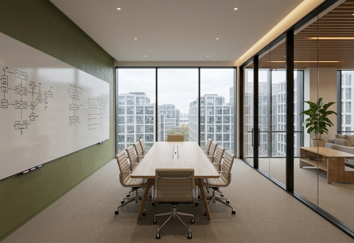 An incredibly lifelike, richly detailed, photorealistic interior photo of a boardroom-style classroom set in a contemporary high-rise office building. The scene is illuminated by soft, diffused midday natural light filtering through expansive floor-to-ceiling glass windows combined with warm, indirect LED cove lighting and subtle recessed ceiling spotlights, creating a serene, focused, and elegant atmosphere. Captured with a wide-angle 24mm tilt-shift lens, emphasizing the fine weave of the neutral low-pile carpet, the subtle grain of the light oak conference table, and the smooth finish of the olive-green feature wall mounted with a large whiteboard filled with intricate technical flowcharts. Centered in the room, ribbed beige leather ergonomic chairs surround the long wooden table, inviting collaboration. To the right, floor-to-ceiling black-framed glass partitions provide crisp, subtle reflections while overlooking an adjacent hallway featuring warm timber ceiling slats and an organic potted plant, seamlessly blending contemporary elegance with functional executive design.