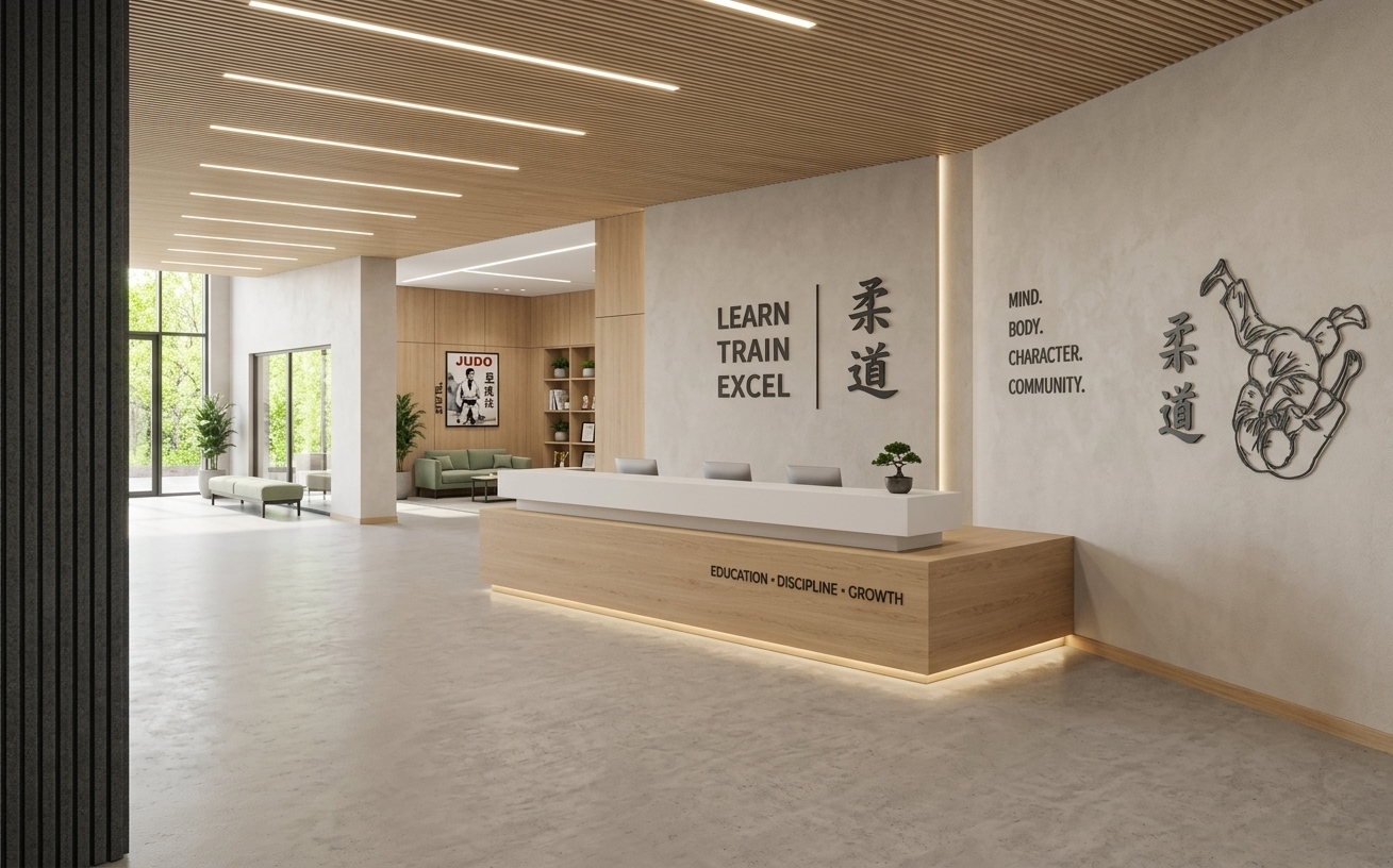 An incredibly lifelike, richly detailed, photorealistic wide-angle interior shot of the reception office of a modern educational hub set in a tranquil minimalist haven during the spring season. The scene is illuminated by bright midday daylight streaming from floor-to-ceiling windows complemented by sleek linear ceiling LED strips and warm cove lighting, creating a calm, focused, and welcoming atmosphere. Captured with a 24mm architectural tilt-shift lens, emphasizing the fine texture of the seamless micro-cement floor, light oak ceiling slats, and tactile plaster walls adorned with sharp typography and martial arts graphics. At the center, a floating two-tone reception desk crafted from matte white solid surface and blonde wood glows gently with soft bottom accent lighting, featuring three discreet monitors and a tiny bonsai tree. In the background, sightlines open up to a serene lounge area with a sage-green feature wall, plush seating, and expansive glass doors framing vibrant, lush spring foliage outside.