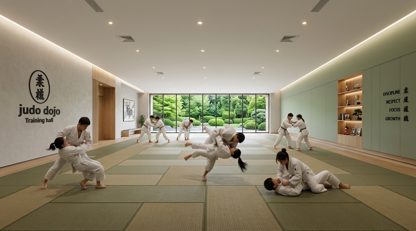 An incredibly lifelike, richly detailed, photorealistic wide-angle interior photo of a modern judo dojo exercise hall set in a serene, Scandinavian-inspired sanctuary infused with subtle Japanese onsen design elements. The scene is illuminated by gentle midday summer light filtering through a expansive wall of floor-to-ceiling glass, complemented by concealed linear LED ceiling coves and warm recessed spotlights, creating a calm, disciplined, and harmonious atmosphere. Captured with a professional 24mm architectural lens, emphasizing the fine woven texture of the two-tone olive and sand-colored tatami mats, the smooth tactile grain of natural oak wood paneling, and the subtle sheen on micro-cement plaster walls.

The spacious layout features a high-ceilinged training floor where young athletes clad in crisp white judogi practice grappling and throwing techniques, captured with realistic motion blurs that bring life to the dynamic space. To the left, a feature wall prominently displays crisp black typography reading "judo dojo Training hall" beneath a central emblem, while warm timber accents frame the doorway and low bench. To the right, a textured sage-green accent wall is inscribed with core values—"DISCIPLINE, RESPECT, FOCUS, GROWTH"—beside integrated, illuminated oak shelving that houses trophies and minimalist decor. Beyond the far glass facade, a vibrant summer landscape of dense green foliage, slate gravel, and manicured garden paths grounds the sleek interior in nature, seamlessly bridging modern minimalist architecture with authentic martial arts tradition.