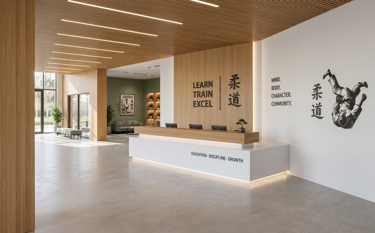 An incredibly lifelike, richly detailed, photorealistic wide-angle interior photo of an educational hub reception and waiting area set in a modern Scandinavian sanctuary. The scene is illuminated by gentle, diffused midday spring sunlight filtering through expansive floor-to-ceiling glass entrance doors, complemented by warm recessed linear LED strip lights along the slatted timber ceiling, creating a serene, disciplined, and harmonious atmosphere. Captured with a high-end 24mm architectural tilt-shift lens, emphasizing the fine wood grain of the honey-oak wall panels and ceiling slats, the smooth texture of the seamless light-gray micro-cement flooring, and the pristine matte-white vertical surfaces. 

The interior masterfully balances minimalist geometry with natural warmth. On the right, a sleek, white floating reception counter with soft LED toe-kick illumination features motivational typography reading *EDUCATION · DISCIPLINE · GROWTH*, topped by a rich oak transaction block and a delicate bonsai tree. Behind the desk, light oak wall panelling displays dark kanji typography alongside bold, inspirational text, perfectly mirrored by a dynamic martial arts mural on the adjacent white wall. In the background, the open-plan spatial design seamlessly flows into an inviting waiting lounge characterized by an earthy sage-green accent wall, a minimalist gray sofa adorned with muted green cushions, and warm backlit wooden shelving units displaying potted greenery, framing a perfectly balanced, tranquil atmosphere.