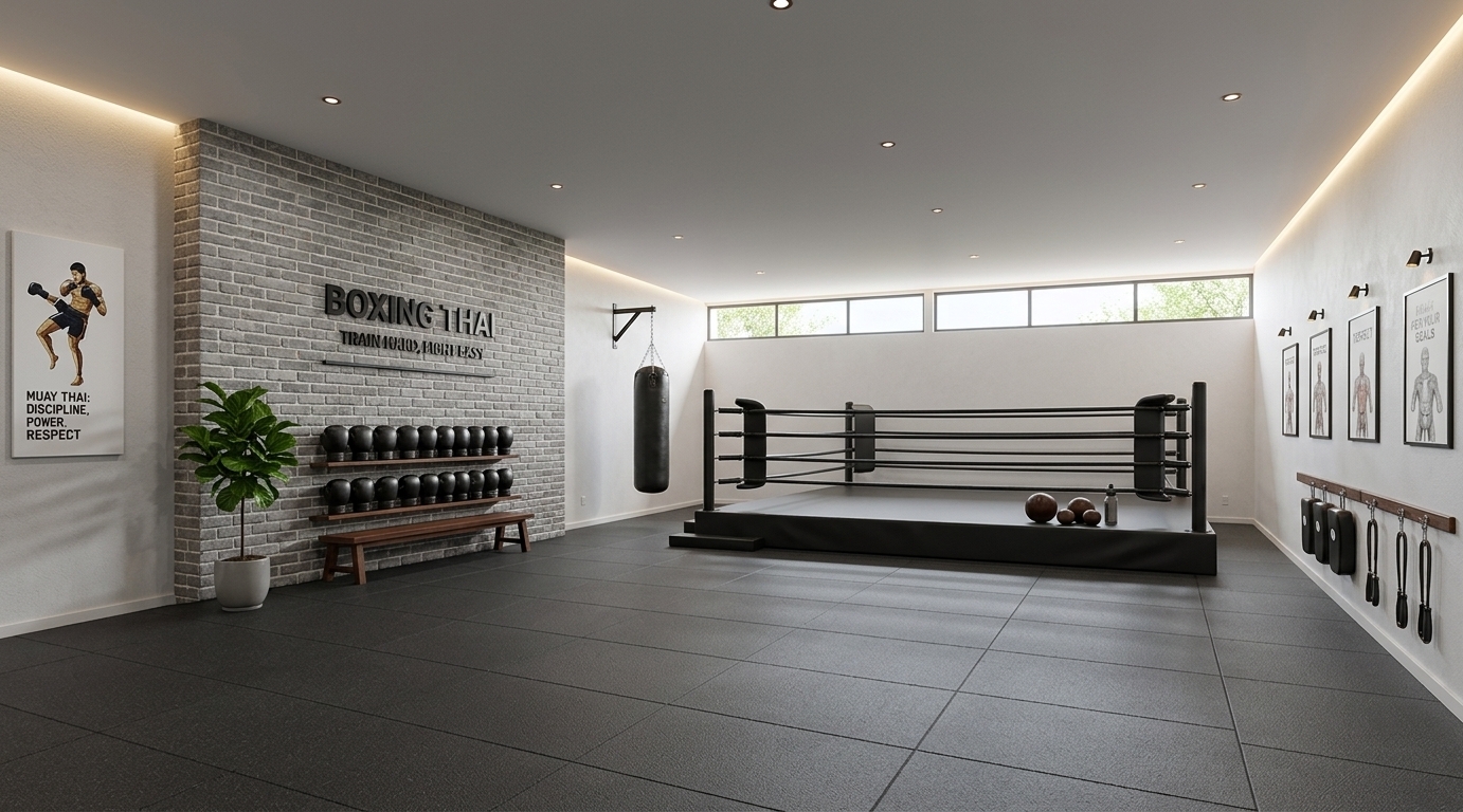 An incredibly lifelike, richly detailed, photorealistic wide-angle interior shot of a luxury Muay Thai training gym set in a modern athletic facility during a bright spring midday. The scene is illuminated by crisp daylight filtering through high clerestory windows combined with soft, warm LED cove lighting along the ceiling edges and subtle recessed spotlights, creating a sophisticated and motivating atmosphere. Captured with a professional 24mm architectural lens, emphasizing the rich textures of grey exposed brickwork, seamless dark rubber floor matting, and supple black leather equipment, the space perfectly embodies contemporary elegance. At the center stands a sleek, elevated professional boxing ring with matte black corner pads and dark ropes, balanced by a heavy leather punching bag hanging seamlessly in the corner. An accent brick wall displays crisp, modern typography stating "BOXING THAI: TRAIN HARD, FIGHT EASY" above neatly organized wooden shelving stocked with pristine leather gloves, while framed athletic art and meticulously arranged training accessories line the opposite wall, showcasing an immaculate, high-end fitness sanctuary.