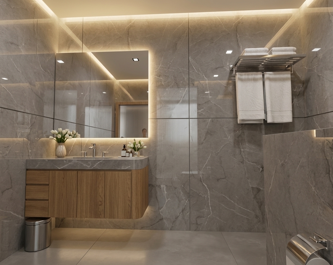 An incredibly lifelike, richly detailed, photorealistic wide-angle interior photo of a modern bathroom set in a serene minimalist haven. The scene is illuminated by soft ambient recessed cove lighting along the ceiling and warm backlit illumination behind the mirror, creating a tranquil, spa-like atmosphere. Captured with a professional 24mm architectural lens, emphasizing the rich reflections of the polished gray marble wall tiles, smooth matte floor slabs, and pristine metallic finishes. A floating warm oak vanity adds an organic touch to the monochromatic palette, topped with a thick gray stone counter and a sleek silver faucet. Clutter-free surfaces, a delicate vase of white tulips, neatly stacked white towels on a stainless steel rack, and polished chrome accents highlight the refined, Zen-inspired elegance of this uncluttered sanctuary.