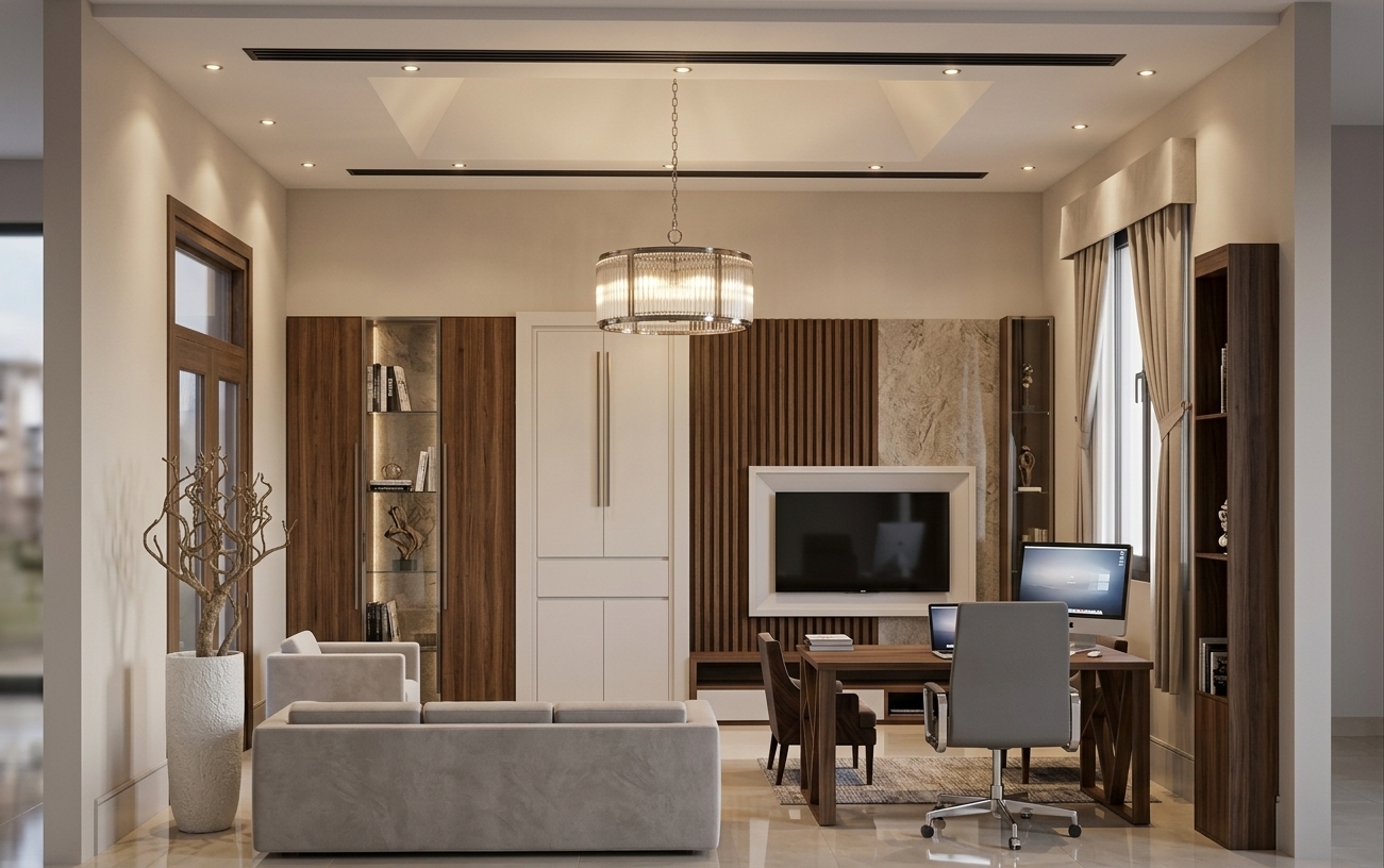 An incredibly lifelike, richly detailed, photorealistic straight-on interior photo of a contemporary executive office and gaming room set in a luxury villa. The scene is illuminated by a ambient glow from recessed ceiling spotlights, slim black linear HVAC diffusers, and a striking central drum chandelier with ribbed glass, creating a refined and elegant atmosphere. Captured with a professional 35mm architectural lens, emphasizing rich vertical dark wood slats, polished stone feature panels, and slick metallic accents.

In the foreground, a sleek light-grey upholstered sofa anchors a relaxed lounge nook across from a pristine white planter with organic dried branches. To the right, a dark walnut executive desk paired with a high-back ergonomic grey office chair sits neatly over a textured area rug, equipped with a modern dual-monitor workstation. The backdrop is dominated by a tailored media feature wall housing a flat-screen TV framed in matte white trim, flanked by deep walnut acoustic paneling, soft textured stone inserts, glass-fronted display shelves, and a seamlessly built-in white wardrobe door. Elegant floor-to-ceiling beige drapes with a structured pelmet frame the right window, while polished porcelain floor tiles reflect the warm light, completing this perfectly balanced space of contemporary luxury.