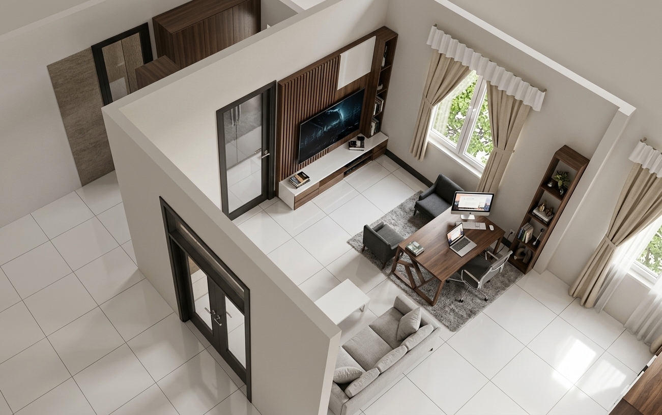 An incredibly lifelike, richly detailed, photorealistic high-angle interior perspective shot of a modern home office and living suite set in a sleek urban residence. The scene is illuminated by soft, natural daylight filtering through a large curtained window, creating a warm, sophisticated, and inviting atmosphere. Captured with a 24mm wide-angle lens with sharp architectural focus, emphasizing polished white ceramic floor tiles, rich walnut wood slats, and tailored fabric upholsteries. 

The entertainment wall features a large flat-screen TV mounted against vertical dark wood slatted paneling, integrated above a low-profile floating console with white and dark wood cabinetry. The dedicated workspace is furnished with a rich dark timber office desk featuring geometric wood legs, equipped with a modern monitor setup, and paired with an ergonomic office chair and charcoal accent armchairs resting on a soft textured rug. A matching vertical open bookshelf stands neatly beside the desk for elegant storage. In the lounging zone, a plush light-grey sofa faces a minimalist white coffee table, anchored seamlessly over the reflective white tiled floor. Elegant beige floor-length curtains with a white valance soften the space, while framed glass doors add a refined architectural depth, defining a perfect vision of contemporary elegance.