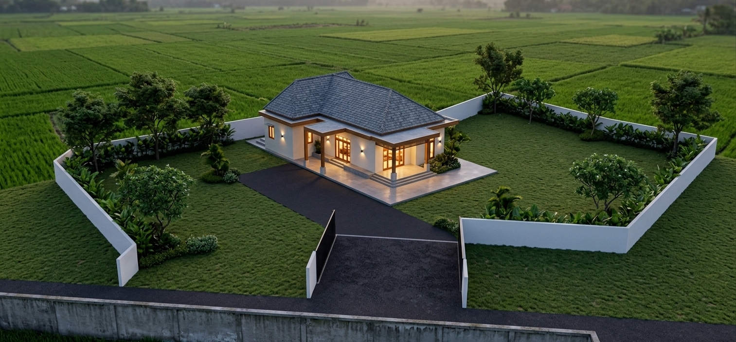 An incredibly lifelike, richly detailed, photorealistic high-angle architectural shot of a serene single-story mid-century modern residence set in a tranquil rural landscape. The scene is illuminated by the soft twilight sky and vibrant warm lighting spilling from large floor-to-ceiling glass doors and elegant exterior wall sconces, creating a cozy and inviting atmosphere. Captured with a professional 24mm tilt-shift architectural lens, emphasizing the fine textures of slate roof shingles, smooth off-white stucco walls, polished timber door frames, and sleek stone-paved walkways. 

Inside the sleek white perimeter wall, a lush outdoor garden features a impeccably manicured green lawn dotted with tropical shade trees, manicured shrubs, and a crisp dark asphalt driveway leading from the street. Just beyond the boundary wall, expansive, emerald-green rice paddies stretch toward the horizon under a gentle evening haze, harmoniously blending modern architectural refinement with rustic natural surroundings. Precise ray-traced reflections on the dark-framed windows and soft, realistic shadows cast across the courtyard elevate the depth and authenticity of this dusk visualization.