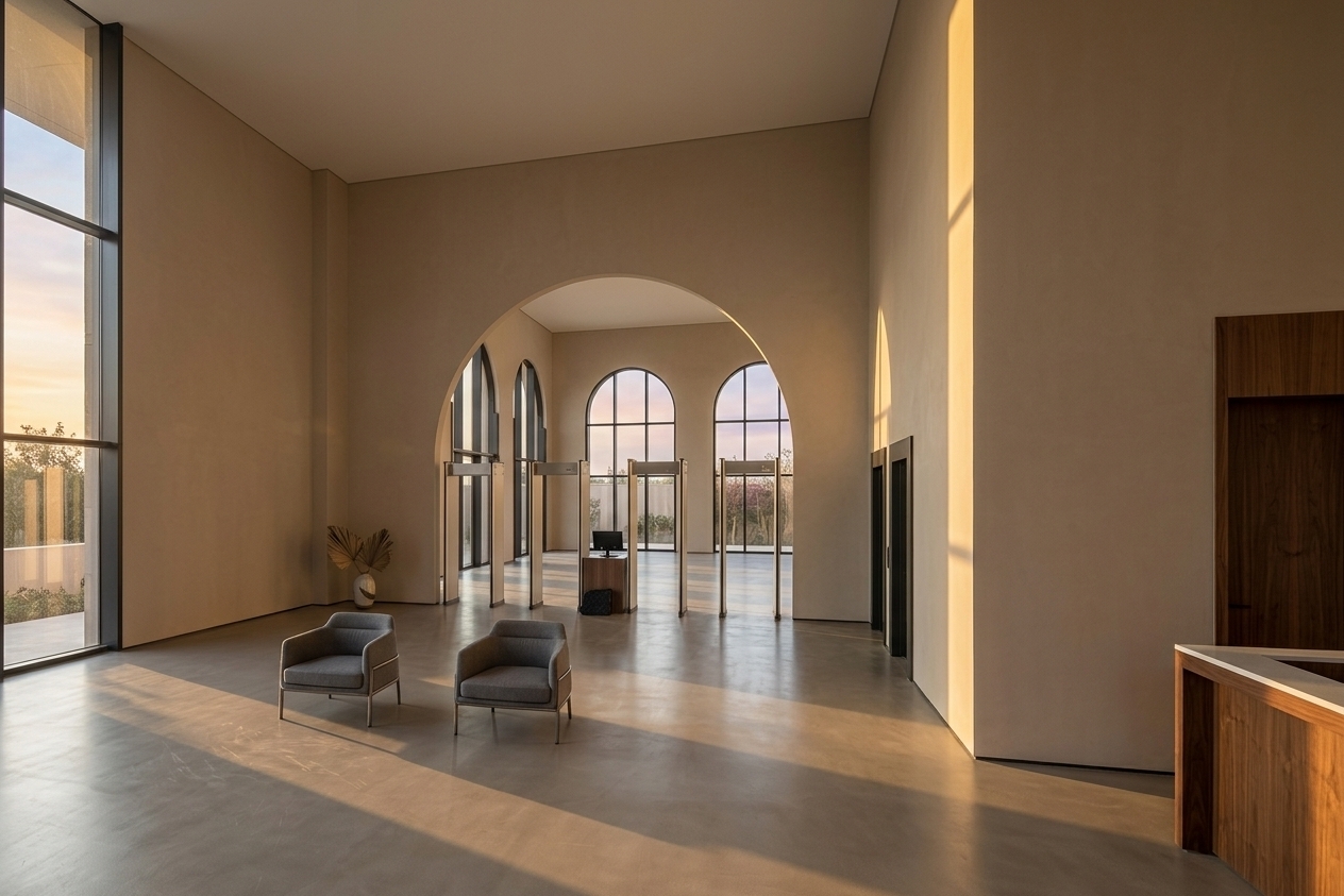 An incredibly lifelike, richly detailed, photorealistic wide-angle interior photo of a museum lobby set in a modern cultural monument designed as a minimalist haven. The scene is illuminated by the warm, amber glow of a low-setting sun streaming through expansive perimeter windows, casting long, dramatic shadows across the space and creating a serene, contemplative atmosphere. Captured with a professional 24mm architectural lens, emphasizing smooth light micro-cement flooring, matte beige plaster walls, brushed black metal accents, and warm walnut timber finishes. In the foreground, a quiet seating niche features two low-profile, tailored grey armchairs alongside a sleek ceramic vase with sculptural foliage, while a refined reception desk with polished quartz top and rich wood cladding anchors the right corner. A majestic central archway dramatically frames a streamlined security checkpoint equipped with elegant metal detector portals, leading the eye toward towering arched windows bathed in the soft hues of twilight. Double-height ceilings and flush dark elevator doors complete this harmonious blend of secure functionality and grand, minimalist elegance.