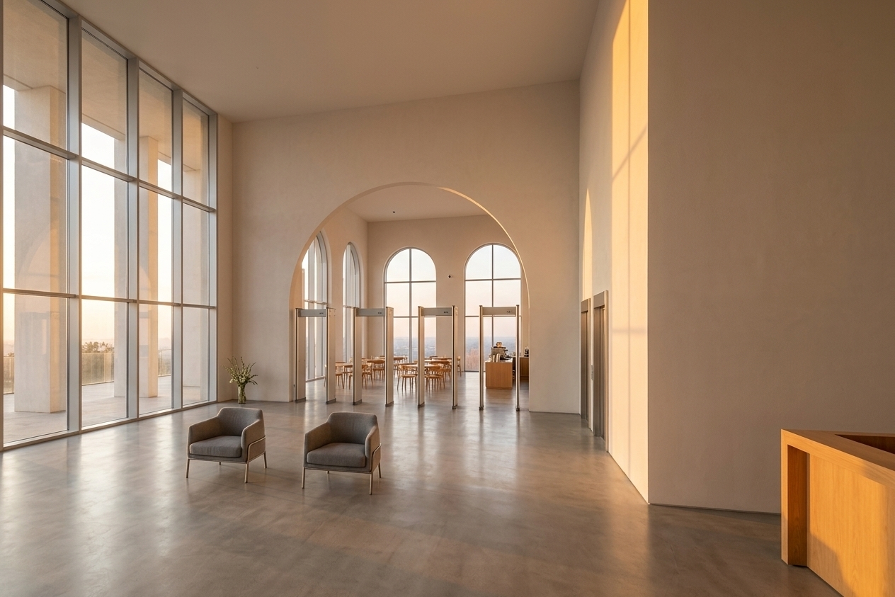 An incredibly lifelike, richly detailed, photorealistic wide-angle interior photo of a grand museum lobby set in a modern minimalist haven. The scene is illuminated by the golden rays of a low-slung sunset streaming through soaring double-height glass facades, creating a tranquil, sophisticated atmosphere. Captured with a 24mm tilt-shift architectural lens, emphasizing seamless micro-cement flooring, subtle reflections, and refined warm oak finishes, the wide view highlights two plush grey tailored armchairs alongside a delicate floral vase resting gracefully in the open lounge space. To the right, a sleek wooden reception counter frames the foreground, while modern brushed-metal security detectors align neatly before a sweeping monumental archway. Beyond the arch, a bright back-of-house area serves as a stylish museum cafeteria, brilliantly lit by two tall, elegant arched windows that softly capture the dying light of dusk.