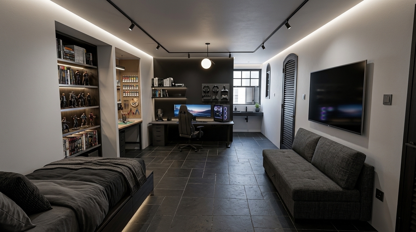 An incredibly lifelike, richly detailed, photorealistic wide-angle interior shot of a cyber eclectic fusion masculine bedroom set in a contemporary urban studio. The scene is illuminated by crisp 4000K LED strip lighting hidden along the perimeter of the ceiling and soft daylight filtering through the rear grid window, creating a focused, creative, and immersive mood atmosphere. Captured with a 24mm tilt-shift lens, emphasizing the matte finish of dark natural slate floor tiles, brushed metal accents, and vibrant tech lighting. Maintaining the room's original wall geometry, arched dark wooden shutter door, and windows, the space is meticulously outfitted with distinct functional zones: in the first recessed niche on the left, a tall dark wood bookshelf is stocked with organized volumes and illuminated display shelves showcasing detailed action figures; in the second adjacent niche, an atelier workbench is paired with a custom pegboard panel holding organized paint tubes, brushes, and crafting tools. The main back wall is painted a dramatic matte black, anchoring a minimalist gaming desk equipped with an ultrawide monitor, a custom liquid-cooled PC tower, and an ergonomic gaming chair set at a 90-degree angle to the wall, complemented by floating wall shelves with books and a wall-mounted organizer panel holding gaming headsets, joysticks, and cables. Along the right wall sits a versatile charcoal fabric sofa-bed positioned directly across from a large wall-mounted smart TV, while the cozy foreground niche on the left houses a sleek platform bed dressed in dark graphite linens. Near the back window, a compact masculine grooming station featuring a dark ceramic sink with a matte black faucet and subtle decorative artifacts on the sill adds a refined, modern finishing touch to this ultimate creative retreat.