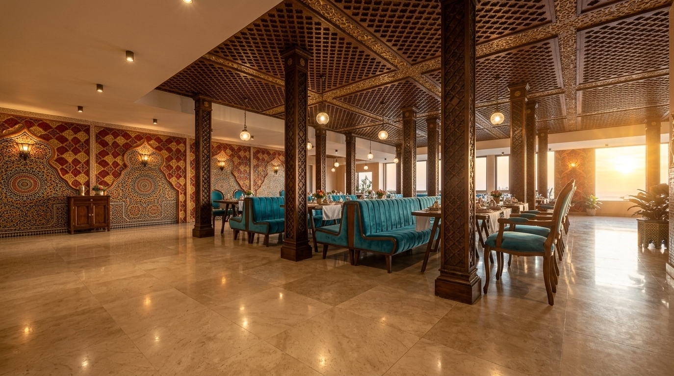 An incredibly lifelike, richly detailed, photorealistic wide-angle interior photograph of an opulent Moroccan restaurant set in a luxurious coastal resort during a balmy summer evening. The scene is illuminated by golden sunset light streaming through distant windows paired with soft, warm glow from hanging globe lights and recessed ceiling spots, creating a sensual, warm, and inviting Middle Eastern atmosphere. Captured with a professional 24mm architectural lens, emphasizing the tactile richness of hand-carved wooden pillars, plush turquoise velvet upholstery, ornate geometric lattice ceilings, and polished beige stone floors. 

Channeling the essence of Moroccan mystique, the space features intricate carved wooden columns that lead the eye through an array of patterned surfaces and ornate decorative accents. Geometric wall art and arched niches highlighted in shades of deep reds, vibrant golds, and terracotta framed with intricate motifs lend a regal elegance to the dining area. Rich turquoise banquettes and beautifully carved wooden dining chairs arranged with crisp table settings invite guests to linger, while subtle indoor plants near the sunlit perimeter add a refreshing touch of natural life to this lavish architectural masterpiece.