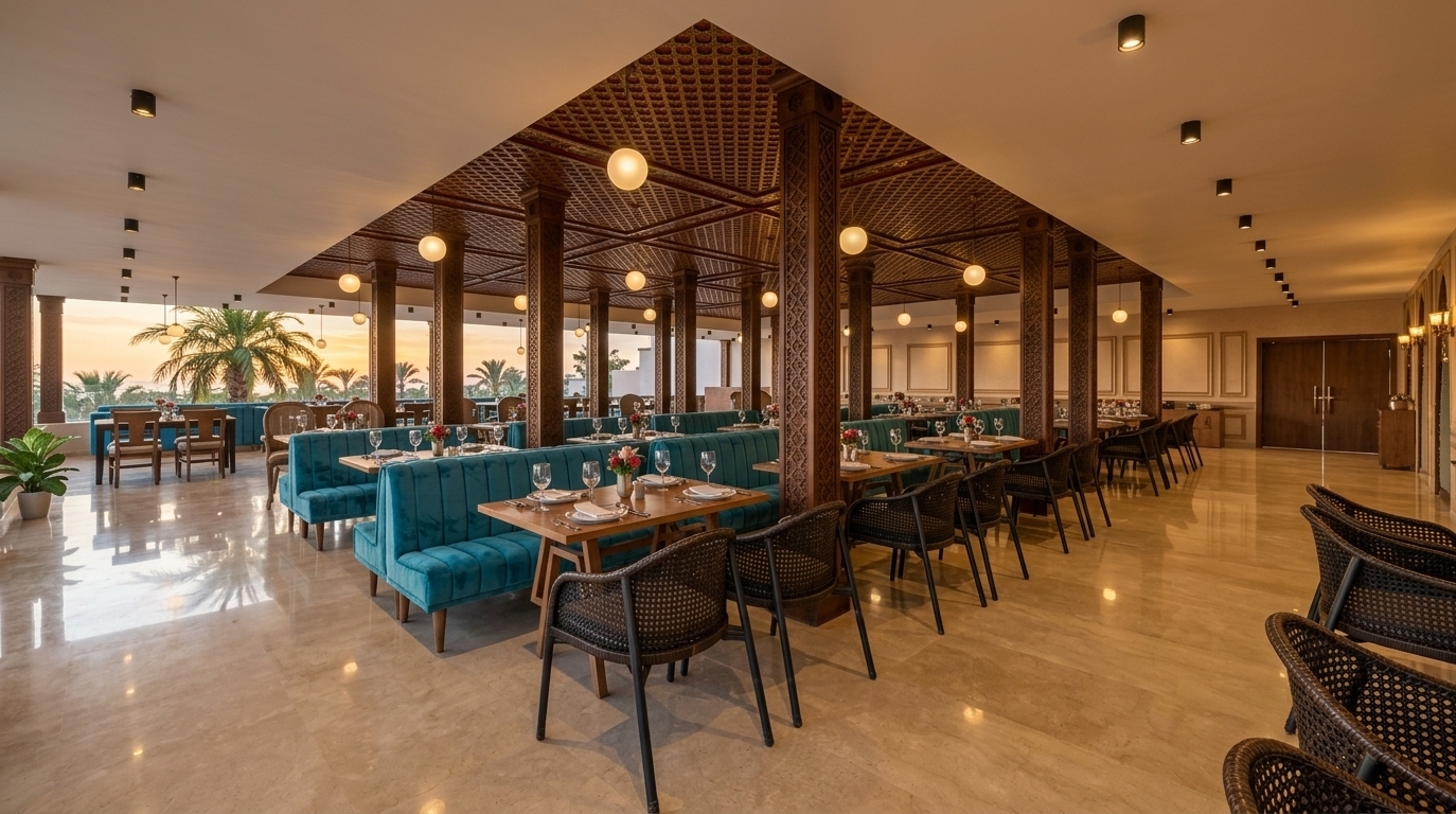 An incredibly lifelike, richly detailed, photorealistic wide-angle interior photo of an opulent restaurant set in a summer Moroccan-inspired seaside resort. The scene is illuminated by the soft, golden glow of a sunset filtering through expansive open-air windows alongside suspended frosted glass globe pendants, creating a warm, exotic, and sensual atmosphere. Captured with a 24mm architectural wide-angle lens, emphasizing the intricate textures of hand-carved wooden pillars, vibrant turquoise velvet banquettes, and geometric patterned ceiling motifs. Rich Middle Eastern craftsmanship defines the expansive dining room, where ornate wooden columns with detailed lattice carving frame a recessed ceiling featuring traditional patterned surfaces infused with deep reds and golds. Luxurious plush turquoise tufted booths and stylish dark woven-rattan dining chairs surround natural wood tables elegantly set with fine glassware and floral accents, while smooth beige stone floors reflect the ambient glow and framed views of tropical palms evoke a captivating sense of Moroccan mystique.