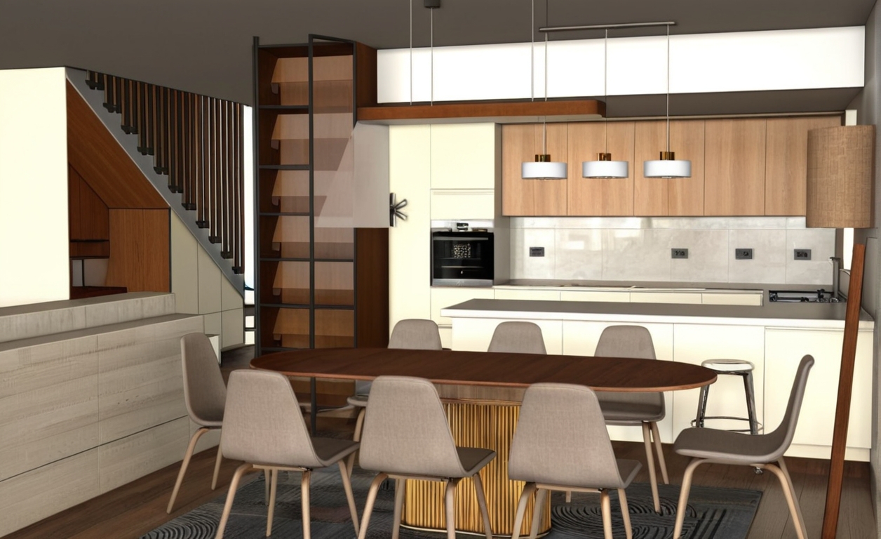 An incredibly lifelike, richly detailed, photorealistic wide-angle interior shot of an open-concept modern fusion dining room and kitchen set in a sleek urban residence. The scene is illuminated by soft, warm architectural lighting paired with glowing suspended pendant lights and subtle under-cabinet highlights, creating a dynamic and sophisticated atmosphere. Captured with a 35mm architectural lens, emphasizing smooth wooden textures, matte cabinetry finishes, and polished metallic elements, the space seamlessly merges clean geometric lines with industrial-inspired accents. At the center, an oval timber dining table rests on a patterned rug, surrounded by modern modular chairs. In the background, sleek off-white and warm wood cabinetry frame stainless steel built-in appliances, alongside a bold dark metal-framed glass showcase and a striking slatted wooden staircase feature. The overall design balances shades of black, white, and natural tones with vibrant accents, complemented by minimal yet impactful decor such as photography books, abstract wall art, and hints of lush greenery that bring vitality to this contemporary space.
