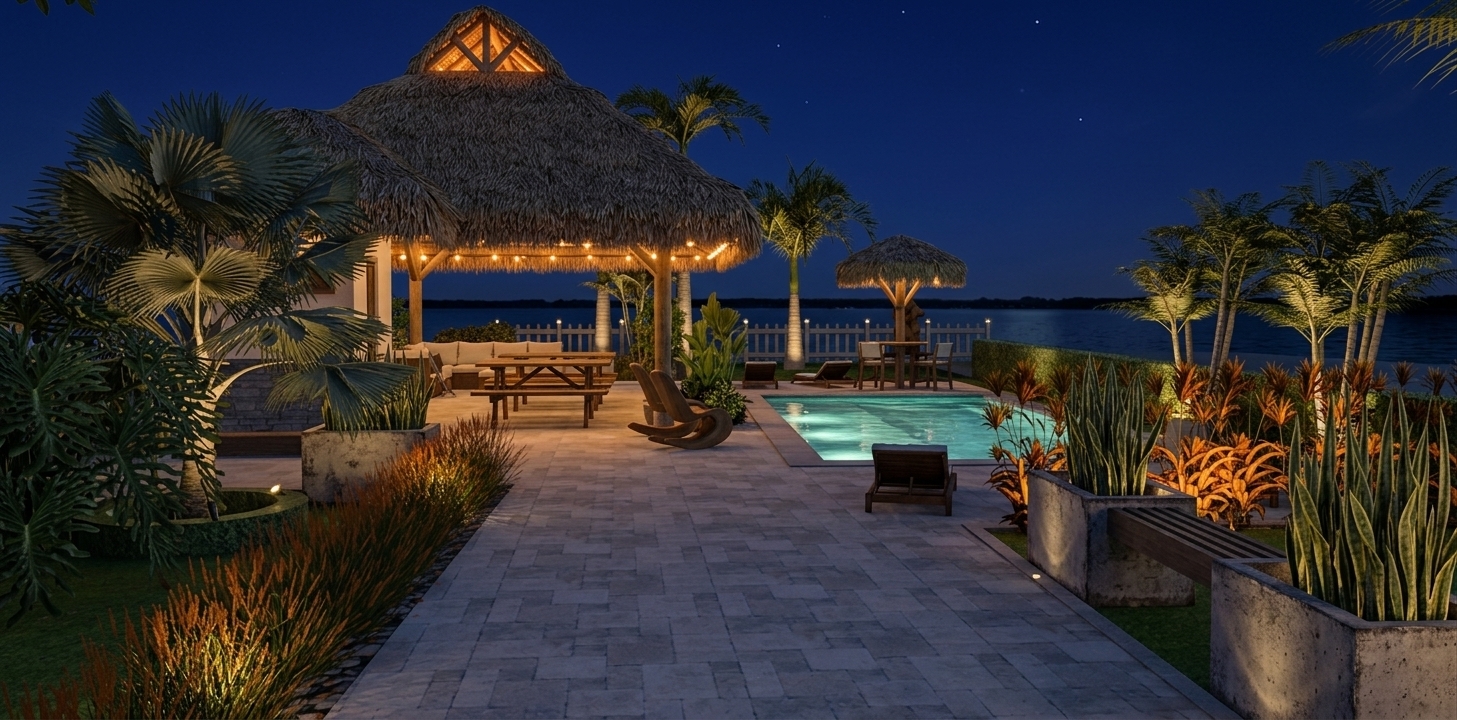 A high-end architectural photograph of the resort-style outdoor pool patio on a warm summer night, precisely preserving the original scene layout, camera angle, and perspective. The scene is illuminated by soft, atmospheric lighting, featuring warm glow lights nestled beneath the thatched roof of the large gazebo and umbrella, casting an inviting ambient radiance onto the natural wood picnic tables and lounge furniture. The swimming pool glows with a soft, deep turquoise light from submerged fixtures, creating delicate caustics and ripples across the water's clear surface that reflect off the smooth concrete pool deck. Discreet landscape uplights gently highlight the intricate textures of the surrounding tropical flora, including detailed palm fronds, snake plants in matte concrete planters, and lush foliage. Overhead, the clear summer night sky displays faint twilight hues and subtle distant stars. Captured with a wide-angle professional camera lens, the image displays lifelike surface textures, subtle variations in the stone paving, soft realistic shadows, natural ISO film grain, and mild lens vignetting that bring authentic depth and tactile realism to the nighttime scene.