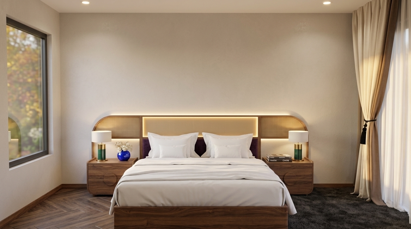 An incredibly lifelike, richly detailed, photorealistic front-facing interior photo of a luxury modern fusion hotel room set in an autumn boutique getaway. The scene is illuminated by soft, golden sunrise rays spilling through draped windows alongside warm, integrated LED headboard backlighting, creating a tranquil and opulent atmosphere. Captured with a professional 35mm tilt-shift lens, emphasizing the rich contrasts between woven cane rattan panels, deep purple velvet upholstery, natural warm wood grain, and crisp, immaculate white bed linens. The focal point is a king-sized wooden platform bed flanked by matching curved nightstands that feature stylish geometric drawers, sleek cylindrical table lamps with emerald and brass bases, a vibrant cobalt vase holding delicate white autumn flowers, and curated design books. To the right, gracefully framed by sweeping floor-to-ceiling cream and mocha drapery tied back with sophisticated black tassels, an intimate sitting nook with two tailored accent armchairs and a small minimalist round table invites quiet morning relaxation. On the left, a large pane glass window catches gentle light reflections, complementing the seamless neutral walls and plush dark carpeting that complete this serene, high-end hospitality architectural visual.