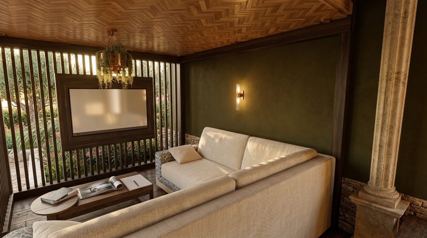 An incredibly lifelike, richly detailed, photorealistic wide-angle interior shot of a contemporary living space set in a coastal Mediterranean retreat. The scene is illuminated by the soft, warm golden light of a spring sunset mingled with a focused beam from a wall sconce, creating a relaxed, sun-drenched, and inviting atmosphere. Captured with a 24mm architectural lens, emphasizing key textures such as the intricate parquet herringbone wooden ceiling, tactile cream-toned linen upholstery, and rustic stone accents. In the center, a plush sectional sofa with subtle blue-patterned trim invites relaxation, while a sleek flat-screen television is mounted on a warm timber backdrop framed by dark vertical slats that reveal lush garden foliage outside. A modern low coffee table with a photography book sits on dark hardwood floors, balanced by a classic aged stone pillar and a vibrant olive-green accent wall that seamlessly blend rustic Mediterranean elements with contemporary living.