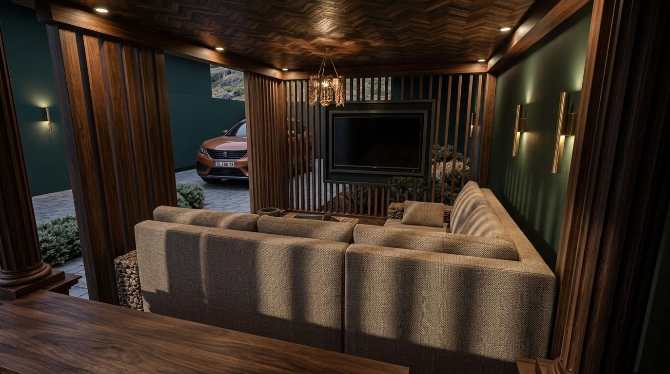 An incredibly lifelike, richly detailed, photorealistic wide-angle interior photo of a cozy, cabin-inspired lounge terrace set in a modern mountain escape during a warm summer night. The scene is illuminated by warm, directional light from sleek wall sconces and ambient recessed ceiling spotlights, creating an inviting and intimate atmosphere. Captured with a professional 24mm architectural lens, emphasizing the rich grain of the dark herringbone wooden ceiling, the plush woven texture of the large beige sectional sofa, and the natural timber slatted partitions. Deep alpine green walls beautifully contrast with rich brown woods and earthy neutrals, casting dramatic slatted shadows that enhance the space's tactile quality. Through the open slatted enclosure, a copper-orange SUV rests outdoors on the paved driveway, smoothly blending rugged natural beauty with modern comfort and rustic sophistication.