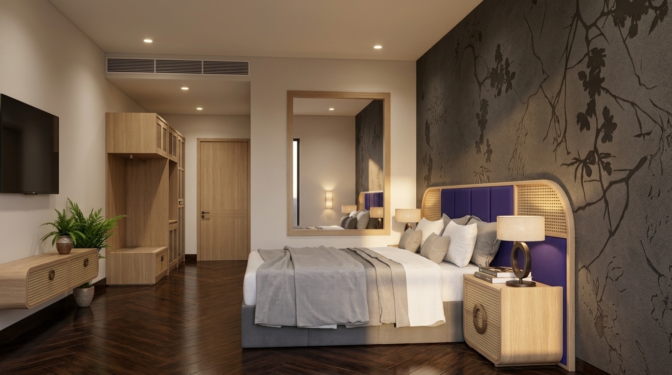 An incredibly lifelike, richly detailed, photorealistic wide-angle interior photo of a modern fusion hotel bedroom set in a luxury boutique resort during autumn. The scene is illuminated by soft sunrise light spilling quietly into the room, creating a serene, warm, and sophisticated atmosphere. Captured with a 35mm architectural lens, emphasizing the rich contrast between woven rattan cane textures, plush royal purple upholstery, smooth light oak finishes, and the subtle organic pattern of the dark textured feature wall. At the center, a king-sized bed dressed in crisp, layered grey and white linens rests against a custom arched headboard featuring vibrant purple fabric padding and woven cane borders. Beside the bed, a rounded oak nightstand supports an artisan table lamp casting a gentle ambient glow. The dark charcoal accent wall boasts delicate, shadow-like floral motifs, adjacent to a large recessed mirror that beautifully reflects the quiet elegance of the space. Across from the bed, a wall-mounted flat-screen TV hovers above a floating light wood credenza with cane drawer fronts, complemented by a lush potted fern resting alongside. Grounded by dark, polished flooring, the space flows seamlessly into a recessed entry hallway featuring a custom built-in light wood closet system and matching door, capturing the ultimate blend of modern luxury and cozy comfort.