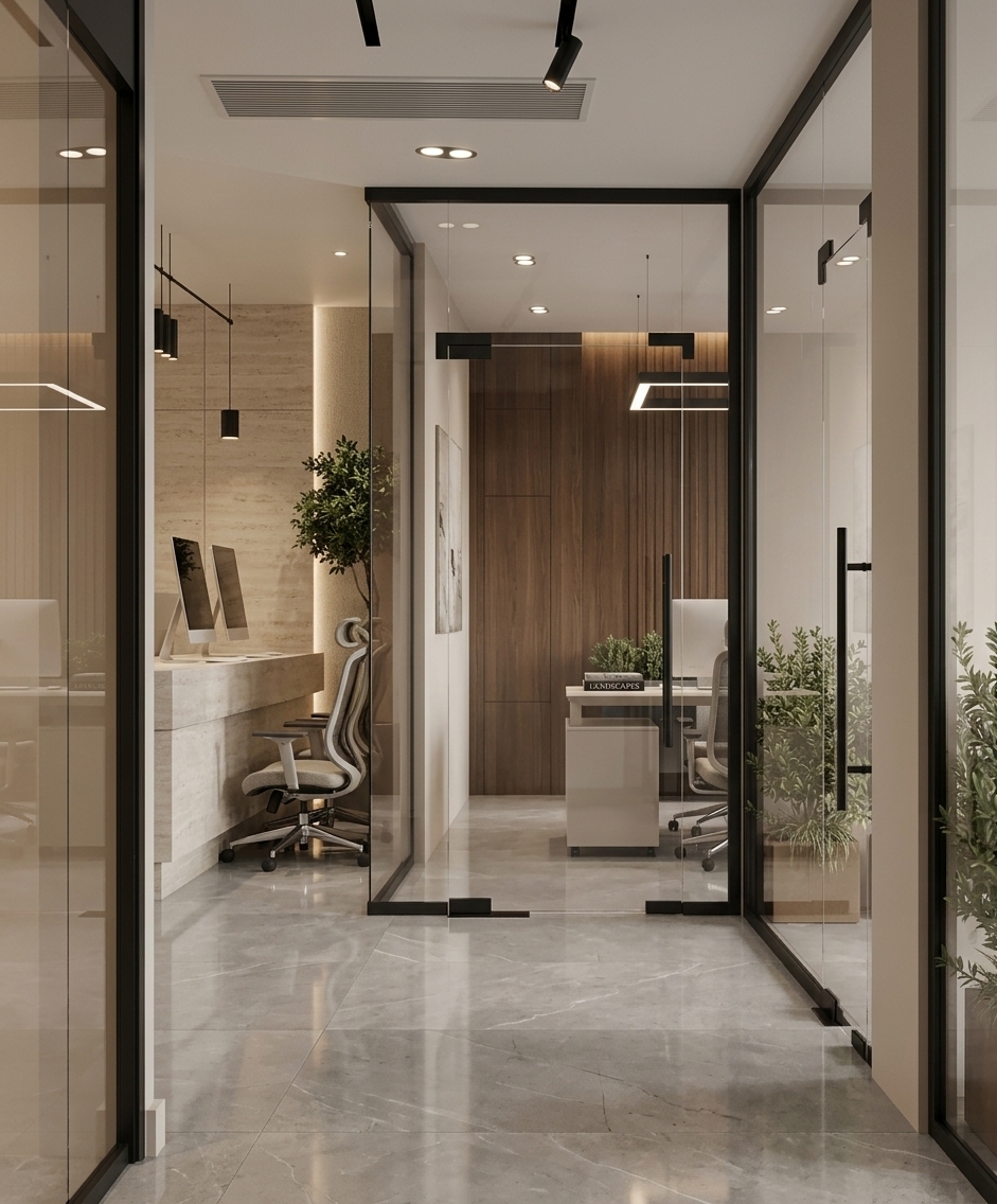 An incredibly lifelike, richly detailed, photorealistic interior photo of a luxurious home office set in a contemporary executive suite. The scene is illuminated by soft, recessed architectural spotlights and warm ambient lighting, creating a sophisticated and airy atmosphere. Captured with a professional 35mm lens, emphasizing polished stone surfaces, sleek glass partitions, and slim metal accents, the view frames a clean-lined workstation seen through ultra-clear glass doors. 

The interior is anchored by large-format polished soft gray stone flooring that reflects the ambient warmth above. To the left, a refined stone workstation features dual sleek monitors paired with tailored, high-end ergonomic mesh chairs. Beyond the glass enclosure, warm dark walnut timber paneling grounds the space, beautifully complemented by an understated color palette of warm white, pearl, and champagne tones. Curated decor—including a classic photography book on the desk, subtle abstract wall art along the perimeter, and lush potted greenery—adds depth and life. Crisp, realistic glass reflections, fine matte-black hardware details, and sculptural ceiling track lighting complete this balanced, highly refined environment.