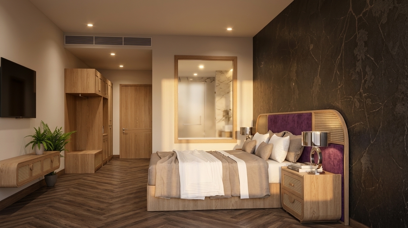 An incredibly lifelike, richly detailed, photorealistic wide-angle interior shot of a modern fusion hotel bedroom set in a luxury boutique hotel during a serene autumn morning. The scene is illuminated by the soft, warm golden glow of early sunrise slanting across the room, creating a tranquil, luxurious atmosphere. Captured with a professional 24mm architectural lens, emphasizing natural light oak wood grains, intricate woven rattan textures, rich plum-purple upholstery, and the subtle tactile finish of the dark textured accent wall. In the heart of the space, a lavish king-sized bed is dressed in layered neutral linens, crisp white duvet folds, and plush accent pillows, framed by an elegant rounded headboard combining light oak framing, woven cane side wings, and a vibrant purple velvet backdrop. Next to the bed, a matching sculpted oak nightstand supports a stylish modern table lamp, while an internal frosted-glass viewing window seamlessly embedded in the central partition wall provides a private visual connection to the elegant en-suite hotel bathroom tucked behind it. Along the opposite wall, a floating wooden console with cane-detailed drawer fronts floats beneath a sleek wall-mounted television, paired with a vibrant potted fern that brings organic vitality to the space, while built-in oak wardrobes line the hallway toward the entrance over a deep, grounding dark wood floor.