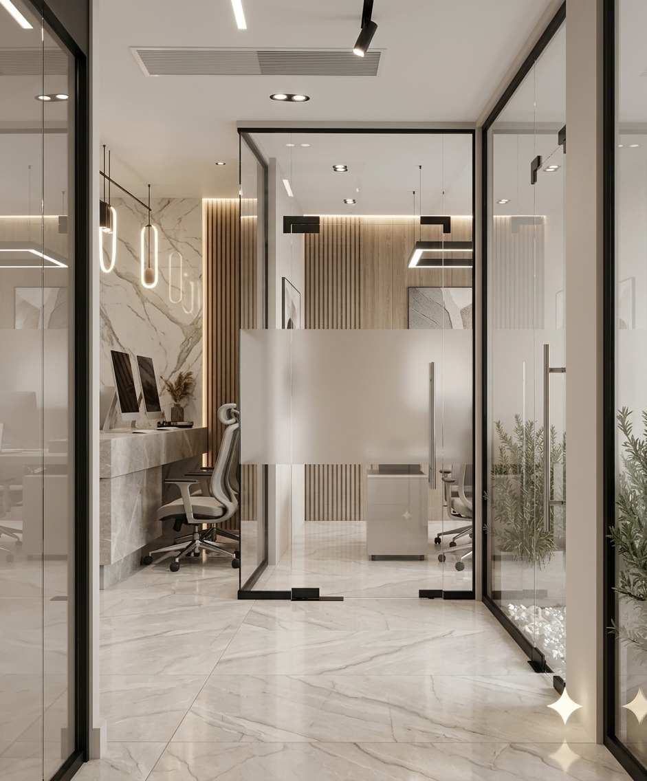 An incredibly lifelike, richly detailed, photorealistic interior photo of a sophisticated home office suite set in an ultra-modern urban residence. The scene is illuminated by layered architectural lighting, including recessed spotlights, linear LED strips, and sculptural pendants, creating an airy, light-filled, and refined atmosphere. Captured with a professional 35mm architectural lens, emphasizing the sheen of polished stone surfaces, soft glass reflections, and slim metal accents. Embodying contemporary elegance, the design features a balanced, clean-lined aesthetic wrapped in a neutral palette of warm white, pearl, champagne, and soft gray. Polished stone floor tiles with subtle veining run seamlessly down the corridor, framed by black-trimmed glass partitions with frosted privacy bands. Within the workspace, tailored ergonomic upholstered furniture sits before a custom stone desk, complemented by rich vertical timber slats, understated abstract wall art, and carefully curated decor that breathes understated sophistication into every corner.