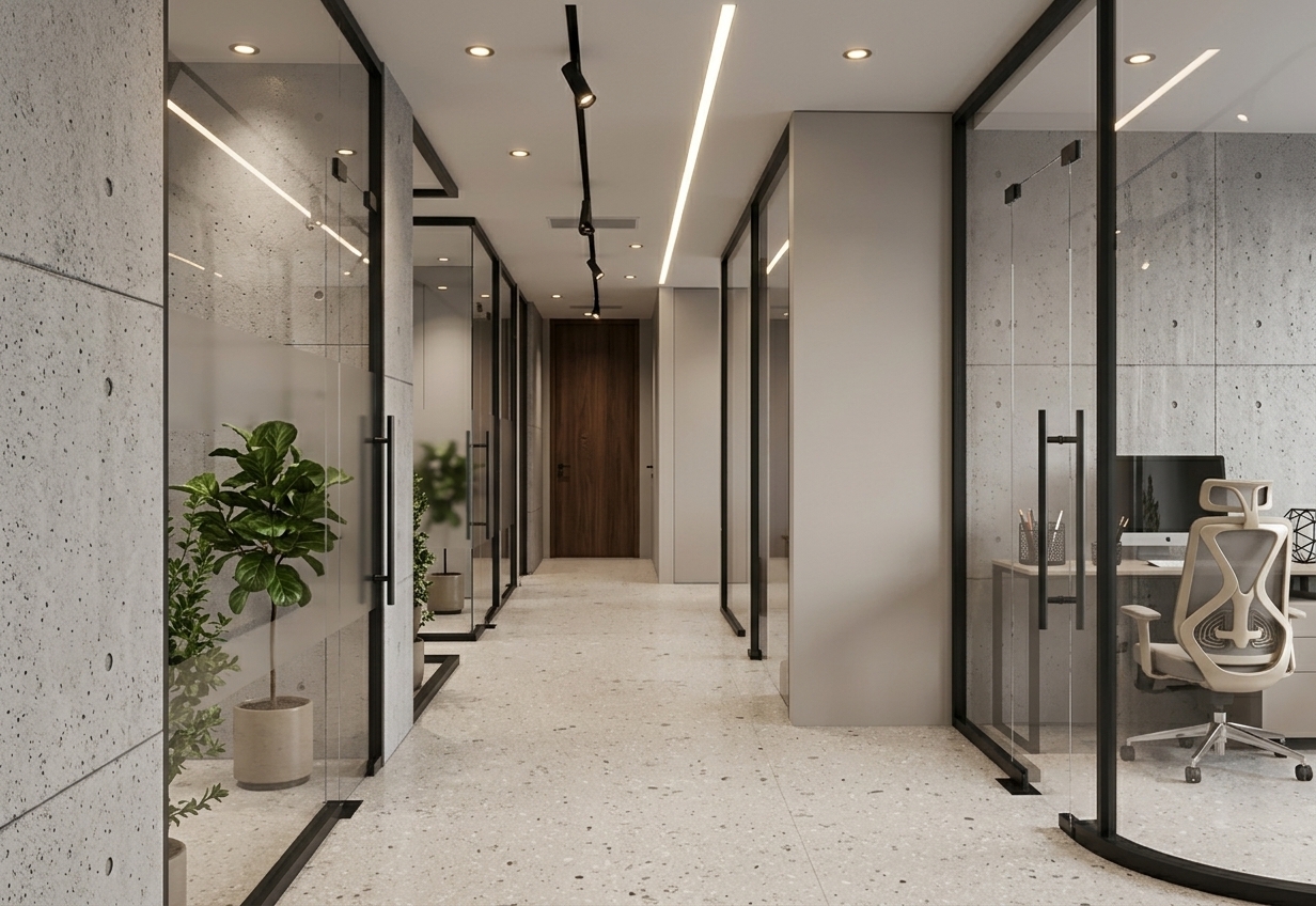 An incredibly lifelike, richly detailed, photorealistic wide-angle interior perspective shot of a contemporary home office hallway set in a modern executive residence. The scene is illuminated by a subtle mix of warm recessed spotlights, adjustable track fixtures, and a sharp linear LED strip embedded in the ceiling, creating a sophisticated, serene, and polished atmosphere. Captured with a 24mm architectural tilt-shift lens, emphasizing the tactile concrete wall textures, pristine glass reflections, polished stone floor speckled with subtle aggregates, and slim matte-black metal frame accents. The clean-lined corridor leads toward a rich, dark walnut door framed in a palette of soft gray, pearl, and subtle warm white tones. Through the frosted and clear glass partitions, tailored furniture like an ergonomic desk chair in champagne and soft gray tones is visible, blending functional design with an airy, understated luxury.