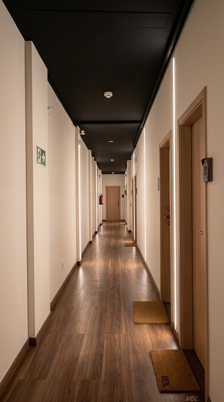 An incredibly lifelike, richly detailed, photorealistic eye-level perspective shot of a renovated commercial hallway set in a modern minimalist coworking space. The scene is illuminated by sleek vertical linear LED light strips recessed between doorways, casting a soft, neutral-warm 3500K glow that creates a calm, sophisticated, and welcoming corporate atmosphere. Captured with a 24mm architectural lens at f/8, emphasizing the subtle satin sheen of the flooring and the smooth texture of the refinished walls. 

Maintaining the exact structural proportions and deep perspective of the original space, the transformation introduces a dramatic matte black ceiling that completely conceals all former exposed conduit, piping, and wiring into shadows. The old two-tone beige walls are replaced with a clean, uniform warm white finish, enhancing the feeling of spaciousness and clarity. Beneath, rich walnut-toned luxury vinyl planks run lengthwise down the corridor, reflecting the soft, vertical ambient light in smooth, realistic streaks. Elegant light wood doors with minimalist bronze hardware complete the high-end interior redesign, striking a perfect balance between functional corporate aesthetics and refined contemporary comfort.
