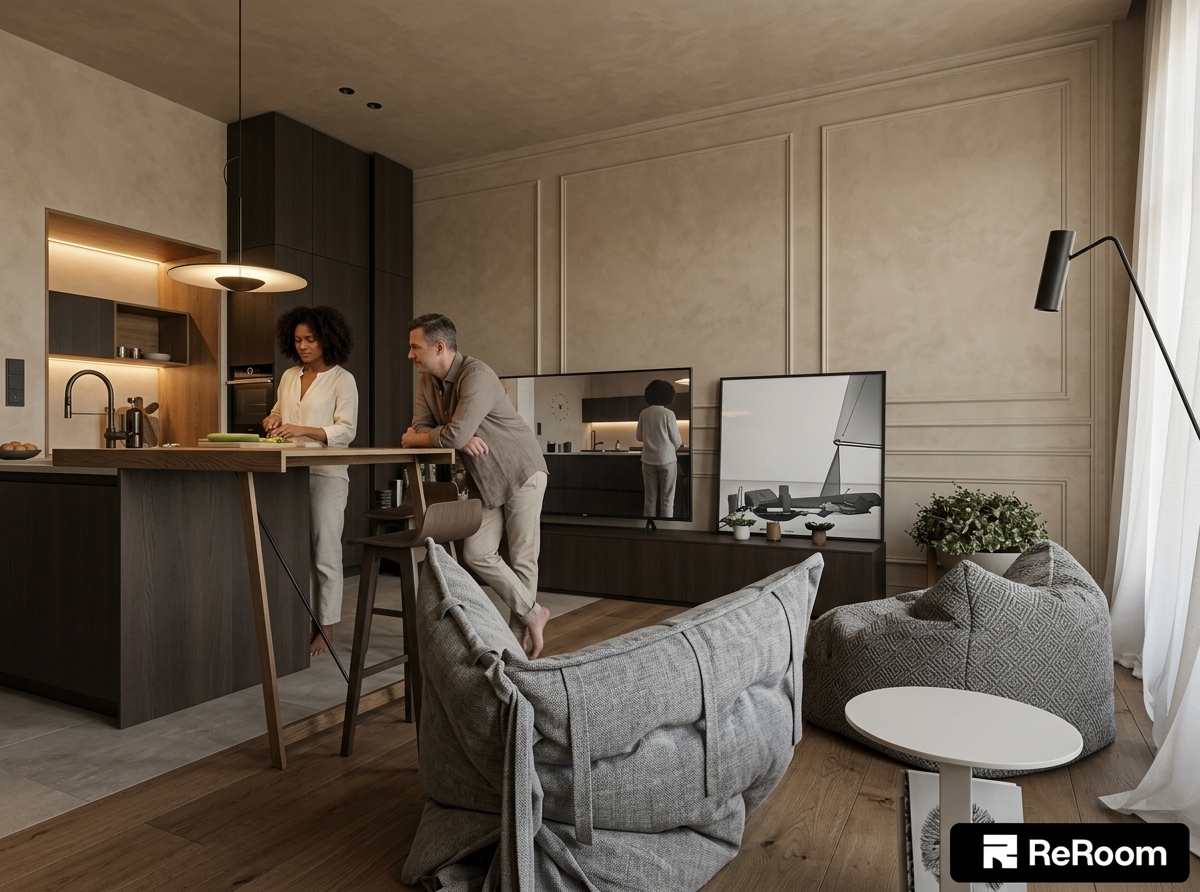An incredibly lifelike, richly detailed, photorealistic medium eye-level interior architectural shot of a serene, modern Boho Japandi kitchen set in a luxurious contemporary residence. The scene is illuminated by soft, diffused summer midday sunlight filtering through adjacent openings, harmoniously blended with warm 2700K integrated LED under-cabinet illumination and a low-slung circular disc pendant, creating an intimate, dark-luxury, moodily elegant atmosphere. Captured with a 35mm full-frame architectural prime lens, emphasizing the tactile, hand-applied sandy-beige mineral plaster surfaces, rich natural oak wood grain, and sophisticated deep warm dark-brown cabinet fronts with an extremely subtle, almost imperceptible natural wood structure. 

In the center of the composition, a sophisticated couple comfortably inhabits the home, bringing a natural visual sense of life to the space; a woman with dark curly hair in a relaxed ivory linen blouse subtly prepares food at the counter while a man in a taupe linen shirt leans against the elevated natural oak breakfast bar. The space is anchored by a seamless monochromatic envelope, where plaster-finished walls with classic picture-frame moldings bleed softly into the matching ceiling, creating a warm, organic shell. The smooth, deep warm dark-brown cabinetry offers a refined matte contrast, housing open display niches and integrated appliances. In the foreground lounge area, soft, rumpled grey textured beanbag chairs and a minimal white side table sit upon wide-plank light oak floors, which gracefully meet large-format greige tiles near the kitchen prep zone. Floor-to-ceiling sheer drapery on the right softens incoming sunlight, casting delicate contact shadows across the space and catching subtle grazing reflections on the sleek television screen, framed architectural art print, and slender black floor lamp.