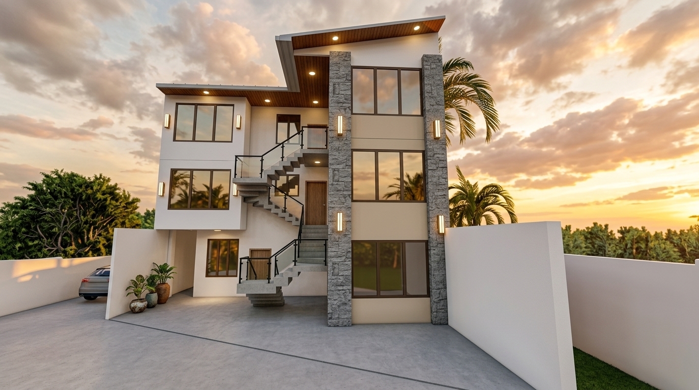An incredibly lifelike, richly detailed, photorealistic wide-angle exterior architectural photo of a modern three-story minimalist haven set in a lush, tropical coastal neighborhood during a warm summer day. The scene is illuminated by the radiant golden hues of a setting sun harmoniously blended with warm, brilliant focal lighting—including recessed LED downlights beneath rich wood-paneled soffits and sleek vertical sconces glowing along the stone piers—creating a serene, luxurious, and welcoming atmosphere. Captured with a professional 24mm tilt-shift lens, emphasizing the refined textural contrast between crisp white stucco, soft beige accent walls, rugged grey artificial stone columns, and modern matte-black glass and steel safety railings along the zigzag staircase. Large, polished glass windows framed in deep bronze reflect the sunset sky and lush green palm foliage, while a functional ground-floor entryway and mudroom lead effortlessly onto a smooth concrete driveway, showcasing a perfectly balanced blend of modern tropical elegance and architectural precision.