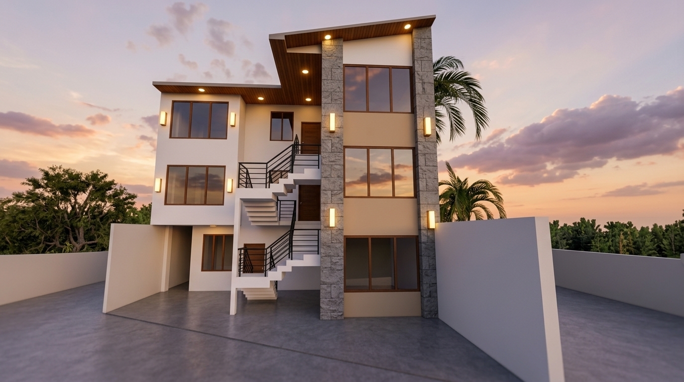 An incredibly lifelike, richly detailed, photorealistic wide-angle exterior architectural photo of a modern three-story minimalist haven set in a tropical suburban landscape at sunset. The scene is illuminated by the soft, low-angled golden glow of the setting sun complemented by radiant, warm downlights embedded in rich teak wood ceiling soffits and glowing vertical wall sconces, creating a luxurious and serene atmosphere. Captured with a professional 24mm tilt-shift lens, emphasizing the harmonious interplay between crisp white matte stucco, smooth warm beige accent facades, and the rugged, tactile texture of grey artificial stone pillars. The home's center features a distinctive white zigzag exterior staircase newly equipped with sleek, modern matte-black metal railings on both inner and outer sides, enhancing safety while adding clean architectural lines. Expansive floor-to-ceiling windows with warm timber frames reflect the soft pastel hues of the sunset sky, while a smooth concrete driveway and lush, swaying palm trees frame the building, completing a perfectly balanced modern sanctuary.