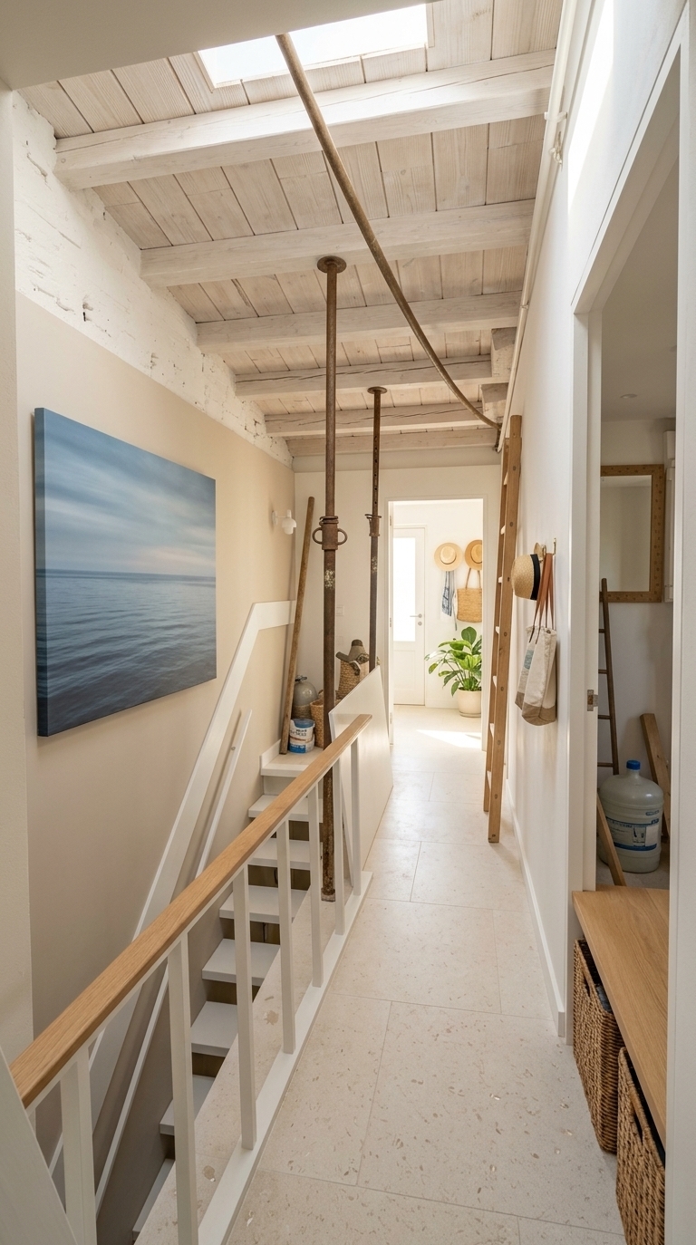 An incredibly lifelike, richly detailed, photorealistic eye-level interior shot of a coastal breeze mudroom and entryway hallway set in a serene beachside villa. The scene is illuminated by streaming, golden afternoon sunlight pouring through an unseen skylight and end window, creating an airy, light, fresh, and sun-kissed atmosphere. Captured with a professional 35mm architectural lens, emphasizing raw wood grain, tactile wicker weaving, smooth plaster, and soft linen textures, this space looks like a feature page from a high-end photography book. 

The once-unfinished corridor is reimagined into a bright, open transitional mudroom styled in a coastal color palette of crisp whites, soft sandy neutrals, and gentle watery blues. Overhead, whitewashed timber beams replace the raw construction ceiling, introducing warmth and architectural charm. Along the right wall, a custom light-oak bench provides a casual seating spot with woven wicker baskets underneath for clutter-free storage, accompanied by subtle brass hooks holding straw hats and canvas beach bags. The stairwell railing is reimagined as a minimalist, matte-white framework with a warm wooden top rail, maintaining openness and visual flow. On the feature wall where raw plaster once stood, a large, captivating seascape wall art canvas hangs gracefully, showcasing serene ocean horizon lines in shades of slate and sky blue. Near the far doorway, a healthy potted leafy green plant rests on light limestone floor tiles, bringing a touch of nature indoors and completing this effortlessly chic, nautical sanctuary.