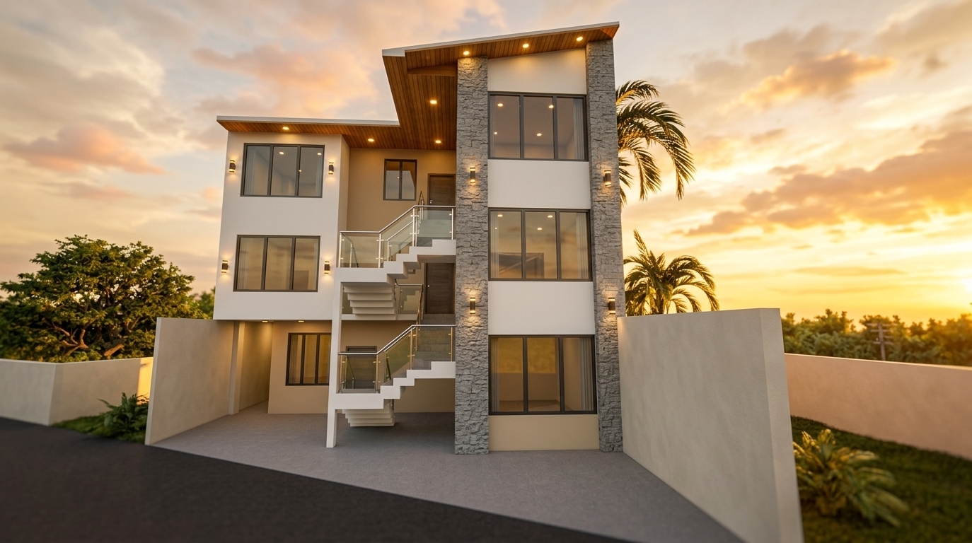 An incredibly lifelike, richly detailed, photorealistic low-angle architectural shot of a three-story modern minimalist haven set in a tropical coastal environment. The scene is illuminated by the radiant, golden hues of a late summer sunset, creating a warm, sophisticated, and tranquil atmosphere. Captured with a professional wide-angle tilt-shift lens, emphasizing the tactile contrast between natural stone cladding, smooth painted surfaces, and rich wood accents. The facade is beautifully refined with crisp off-white stucco along the main structure and subtle warm beige paint panels, complemented by rugged grey artificial stone pillars that anchor the building's verticality. Underneath the angled rooflines, rich honey-toned natural wood ceiling soffits house glowing recessed LED downlights, while warm exterior wall sconces accent the clean masonry. Sleek, brushed galvanized aluminum handrails run along the striking zigzag central staircases and internal landings, adding a contemporary metallic shimmer that catches the evening light. At the base, a modern covered entrance and mudroom transition area welcome guests into the residence, which is elegantly framed by lush palm trees, dense summer greenery, and smooth boundary walls under a dramatic sunset sky.