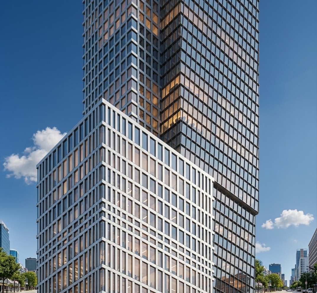 An incredibly lifelike, richly detailed, photorealistic architectural photo of a sleek skyscraper complex set in a vibrant modern metropolis. The scene is illuminated by natural daylight paired with glowing interior ambient lighting, creating a sophisticated, refined atmosphere. Captured with a professional 35mm tilt-shift lens, emphasizing the precise geometric grids, metallic silver mullion panels, and high-reflection glass facade that beautifully mirrors the clear sky. Through the expansive windows, state-of-the-art modern fusion meeting rooms are subtly visible, bathed in warm ambient illumination that enhances the cool, structural elegance of the building's exterior layout.