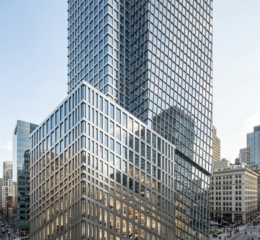 An incredibly lifelike, richly detailed, photorealistic low-angle architectural shot of a soaring modern fusion office building set in a bustling metropolitan district. The scene is illuminated by crisp, brilliant daylight, creating a sophisticated and energetic atmosphere. Captured with a professional 24mm tilt-shift architectural lens, emphasizing the polished silver mullions, highly reflective aluminum panels, and pristine glass surfaces. The dynamic composition showcases stacked, intersecting geometric volumes clad in a rigid grid of gleaming silver mullions and panels that produce sharp, mirrored reflections of the sky and nearby city. Through the expansive floor-to-ceiling windows, glimpses of sleek interior spaces, such as minimalist meeting rooms and modern fusion office layouts, add a sense of life and functional elegance to the impressive structure.