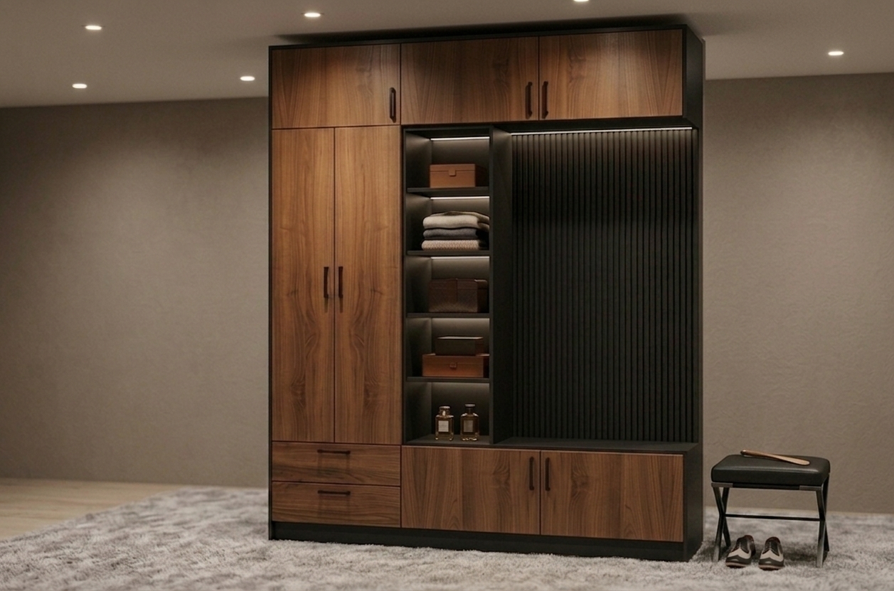 A professional interior photograph of the modern walnut and matte black wardrobe unit from the original image, updated specifically so that the outer right vertical side frame panel along the upper right section is removed, allowing the upper top cabinet section to rest directly on top of the black slatted vertical paneling while keeping every other detail completely identical to the source image. Shot on a full-frame camera with a 35mm lens at eye level, the camera preserves the exact framing, perspective, and composition of the room. Warm, warm-toned 2700K recessed ceiling lights cast gentle downward illumination and subtle shadow gradients across the matte taupe plaster walls, complemented by integrated low-profile LED strip lighting inside the open display shelves that softly accentuates the rich walnut wood grain, folded knitwear, decorative storage boxes, and glass perfume bottles. The soft, plush shag carpet in the foreground features realistic fiber depth and subtle shadow compression beneath the cabinet base and adjacent black leather stool with dress shoes. Realistic photographic imperfections—such as microscopic surface dust on the dark matte shelves, subtle variations in wood grain polish, faint chromatic aberration at high-contrast edges, and mild corner vignetting—enhance the authentic, unrendered feel of the shot.