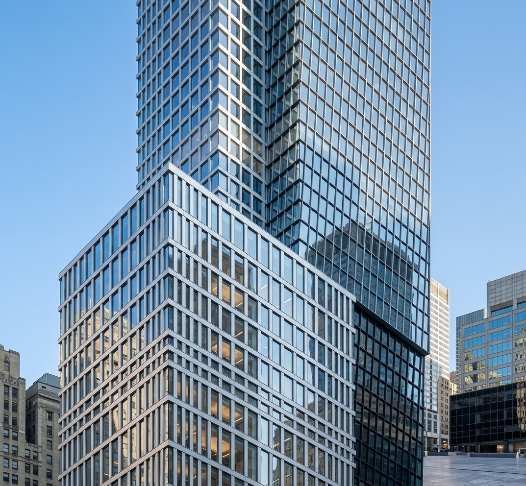 An incredibly lifelike, richly detailed, photorealistic low-angle architectural photo of a modern fusion office building tower set in a bustling metropolitan center. The scene is illuminated by brilliant, crisp morning sunlight, creating a dynamic, professional atmosphere. Captured with a professional 24mm tilt-shift camera lens, emphasizing the intricate metallic grid framework, pristine glass reflections, and perfectly straight vertical lines. The skyscraper's exterior showcases a striking modern design of stacked, interlocking rectangular volumes clad in high-performance transparent glass and polished silver aluminum mullions. Through the sheer, crystal-clear glass curtain wall, subtle glimpses of sophisticated interior spaces—including fully equipped executive meeting rooms, glowing ceiling panels, and sleek contemporary office furnishings—bring functional realism to the design. Crisp reflections of the vibrant blue sky and neighboring urban structures dance across the multi-angled glass panels, accentuating the tower's depth, volumetric grandeur, and cutting-edge architectural sophistication.