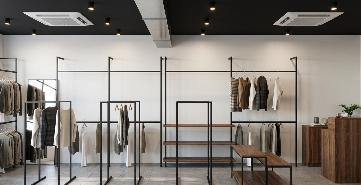 A professional interior photograph of a modern minimalist fashion boutique during a bright summer midday, captured with a full-frame camera and a 35mm lens. Bright, clean summer daylight filters into the interior, casting soft, natural shadows on the matte gray tiled floor, while warm directional accent lighting glows down from the black ceiling-mounted spotlight fixtures onto the matte black powder-coated metal clothing racks and hanging garments. The hung clothing exhibits realistic fabric textures, including soft cotton knits, textured weaves, and flowing linens with natural drapes and gentle wrinkles. The wooden shelves and brown wooden checkout counter display rich, detailed wood grain with a subtle satiny sheen. The flat black ceiling with its air conditioning units and cylindrical lights contrasts sharply against the smooth off-white plaster walls. Precise camera exposure balances the crisp daylight accents with soft ambient fill light, capturing micro-shadows under shelves, subtle surface reflections on the tiled floor, and a completely realistic photographic texture throughout the entire scene while preserving the exact layout, geometry, and framing.