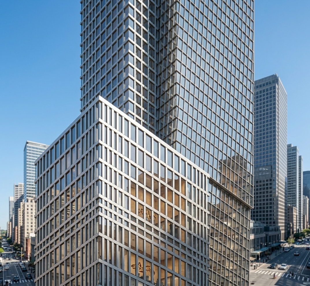 An incredibly lifelike, richly detailed, photorealistic low-angle architectural photo of a modern fusion office building tower set in a high-density urban district. The scene is illuminated by brilliant, direct morning sunlight under a cloudless azure sky, creating a clean, sophisticated atmosphere. Captured with a professional tilt-shift lens, emphasizing the precise geometry of the brushed aluminum grid mullions and the exceptional clarity of the high-transparency facade glass. Designed with minimal exterior reflection, the floor-to-ceiling glazing offers a crystal-clear look into the building's interior, revealing dynamic, high-end meeting rooms designed in a modern fusion style. Warm wooden accents, refined minimalist conference tables, suspended designer pendant lights, and sleek ergonomic seating are fully visible on multiple levels, giving the impressive skyscraper a welcoming, vibrant human scale while maintaining its towering, geometric grandeur.