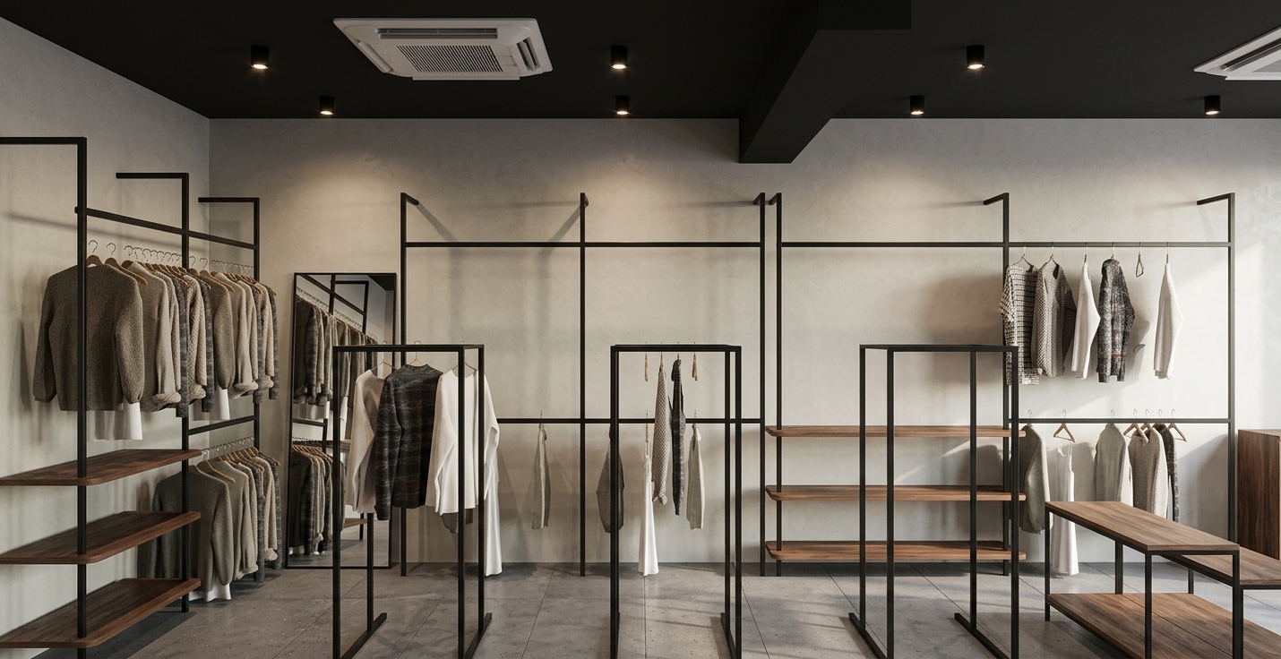 A professional wide-angle interior photograph of a modern clothing boutique captured on a bright midday summer afternoon. Daylight fills the space with a crisp, natural glow, contrasting gently with the warm, focused beams from recessed black spotlight canisters mounted into the matte dark ceiling. Every structural element from the original composition remains perfectly in place: slender powder-coated black steel clothing frames display carefully hung garments with authentic fabric textures including woven knits, soft cotton, and light summer linen that drape naturally with realistic micro-creases. Rich dark walnut wood shelves feature fine, tactile grain and a subtle satin sheen, reflecting soft ambient highlights. The walls are smooth off-white painted plaster receiving realistic soft light falloff, while the floor consists of large gray matte tiles with faint surface reflections and delicate grout seams. The camera angle is straight-on at eye level with a 24mm wide-angle lens, maintaining crisp focus from the foreground racks to the back wall, enhanced by subtle physical imperfections like fine fabric variations, soft realistic shadows, and gentle natural vignetting around the frame edges.