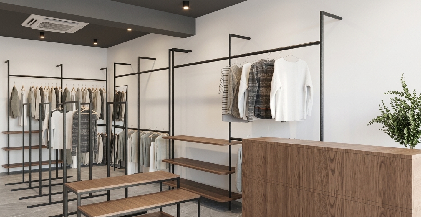 A crisp, professional architectural photograph of a modern minimalist clothing boutique, matching the exact perspective, framing, and layout of the original scene under bright, clear midday summer light. Warm, radiant daylight floods the interior, casting soft yet well-defined ambient illumination and high-contrast highlights across the space. The matte black metal racks show a subtle powder-coated sheen with faint micro-scratches along their edges. The rich walnut wood counter and display benches reveal intricate, tactile wood grain patterns and soft satin finishes. Hung garments display realistic fabric textures—woven cotton, soft knits, and light linen—complete with natural creases, drapes, and gentle shadows. The potted plant on the right has lush, glossy leaves catching the bright midsummer light. Ceiling spotlights emit faint warm glows onto the matte white walls and dark ceiling accents, while the dark tiled floor displays soft ambient reflections and crisp grout details, yielding a completely realistic photograph filled with subtle depth and natural atmospheric warmth.