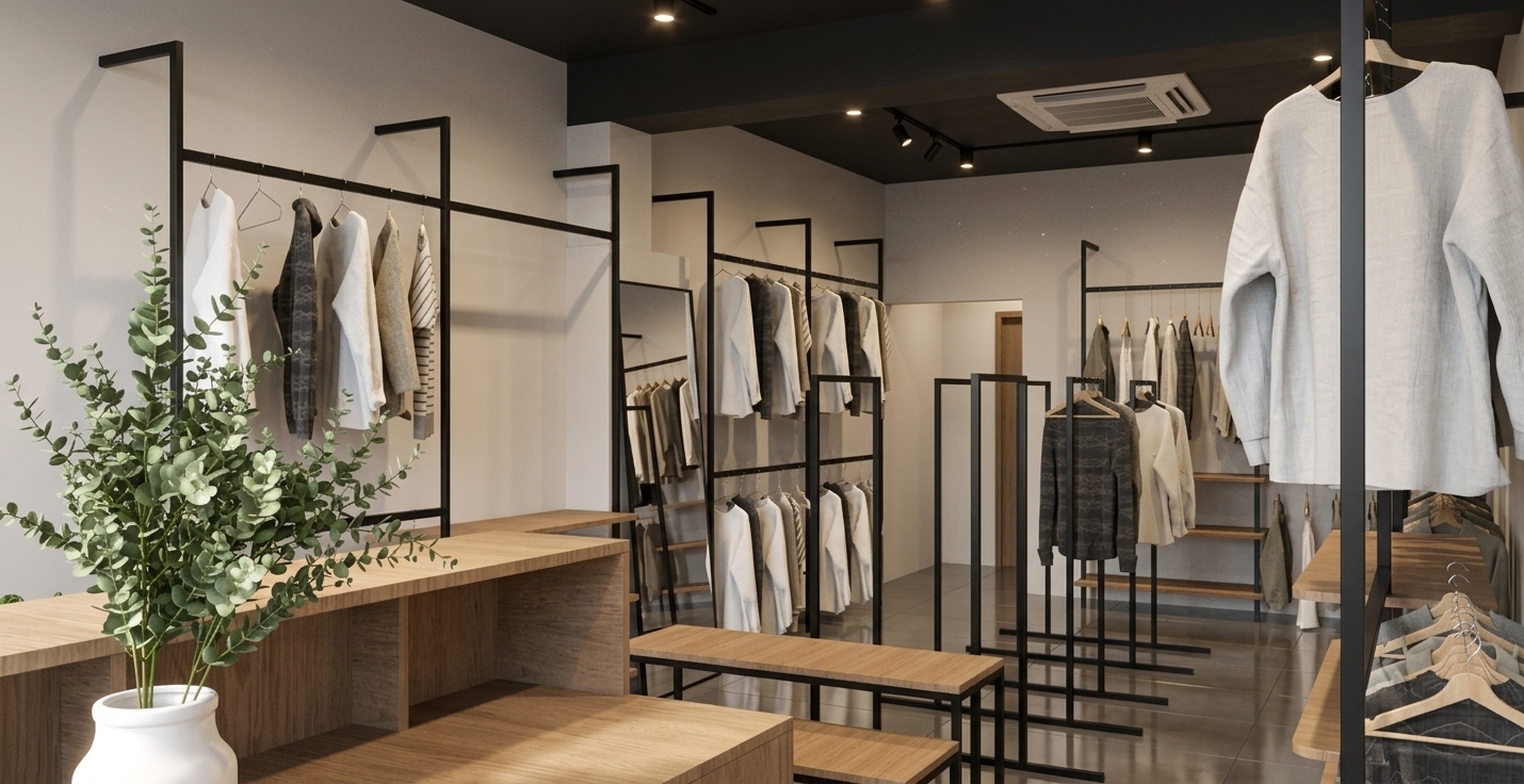 A bright, wide-angle interior photograph of a modern clothing boutique bathed in warm midday summer daylight spilling in naturally from off-camera windows. Captured on a professional 24mm architectural lens at f/8, the image maintains the exact spatial layout and geometric structure while bringing rich physical texture to every surface. The black metal clothing racks feature a realistic matte powder-coated finish with faint specular highlights along the tubular edges and subtle surface micro-dust. The wooden counters and benches reveal detailed natural oak grain textures with a soft satin sheen that gently reflects ambient light. Neatly hung garments show tactile fabric weaves, linen and cotton textures, natural folds, soft creasing, and delicate stitching detail. In the immediate foreground, the eucalyptus plant displays rich green leaves with realistic organic subtle imperfections housed in a matte white ceramic pot. The dark ceiling and track light fixtures contrast with bright, evenly balanced natural sunlight, casting soft, natural shadows across the large grey ceramic floor tiles with fine grout lines and gentle diffuse reflections. Mild photographic grain, faint chromatic aberration at high-contrast edges, and natural exposure falloff create a genuine, high-end retail lifestyle photograph.
