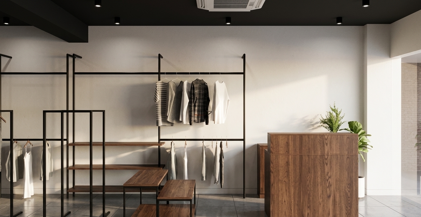 A professional, eye-level architectural interior photograph of a modern minimalist clothing boutique on a bright summer midday, precisely preserving the geometry, spatial layout, camera angle, and composition of the reference image. Crisp, natural summer sunlight spills softly into the space, creating realistic highlights and soft-edged ambient shadows across the dark gray floor tiles. The ceiling recessed downlights emit a subtle warm glow against the matte black ceiling and off-white plaster walls. The black metal clothing racks showcase a realistic matte powder-coated texture, while the hung garments feature authentic fabric details including visible cotton weaves, soft knits, and gentle natural micro-wrinkles. The wooden checkout counter and open shelving exhibit rich, natural wood grain with soft satin finishes and open-pore surface details. The potted green plant displays lush, realistic foliage with natural light transmission and detailed leaf veining. Captured with a professional full-frame architectural camera lens, featuring razor-sharp focus, natural dynamic range, subtle edge vignetting, and lifelike global illumination.