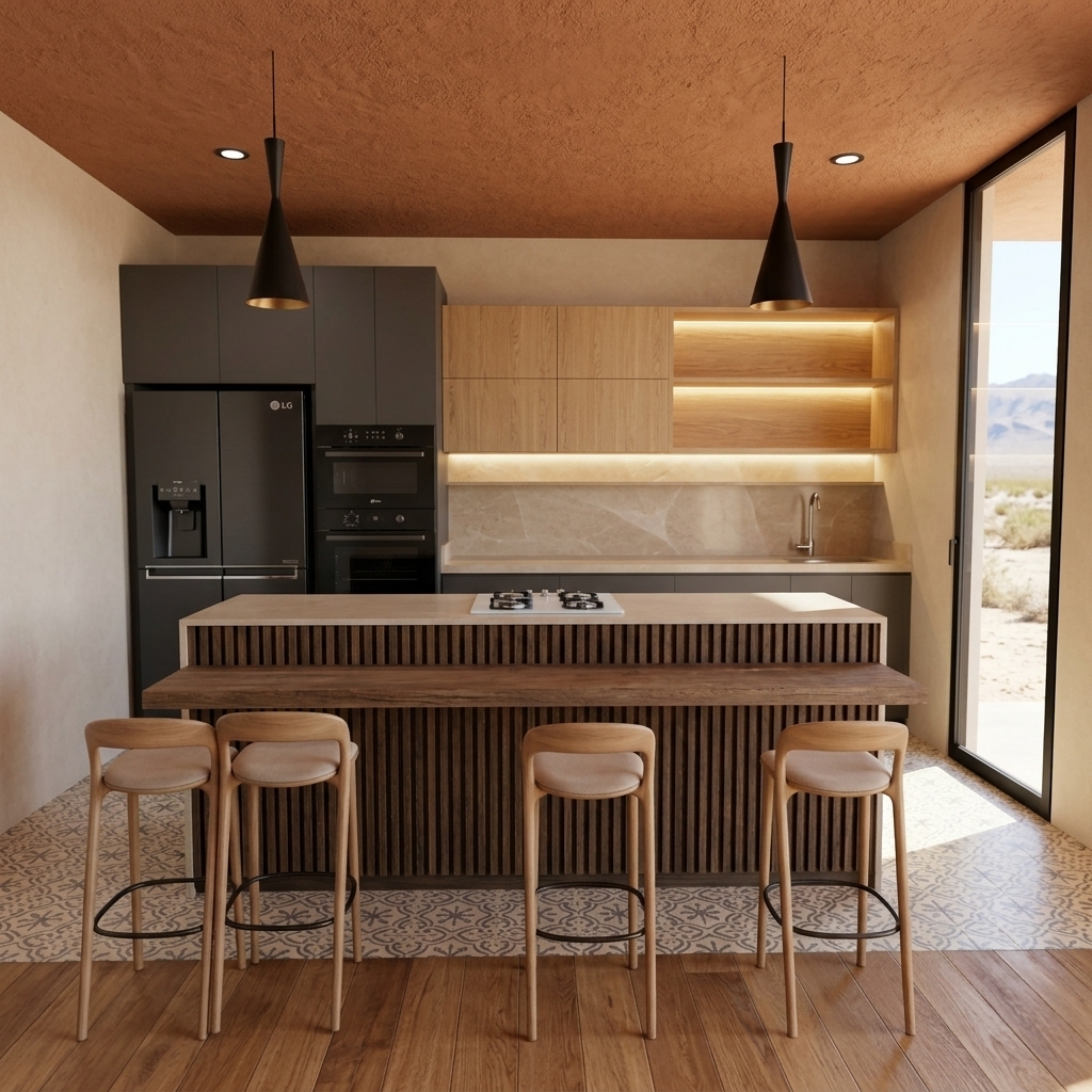 An incredibly lifelike, richly detailed, photorealistic wide-angle interior photo of a modern kitchen set in a tranquil desert retreat. The scene is illuminated by soft midday spring sun spilling through large openings alongside warm built-in LED shelf lighting and two dramatic matte-black trumpet pendant lights, creating a warm, sun-drenched, and tranquil Southwestern atmosphere. Captured with a professional 24mm architectural tilt-shift lens, emphasizing the deeply textured terracotta adobe-inspired ceiling, smooth beige quartz countertops, and the natural grain of rustic wooden cabinetry. In the center, a striking kitchen island clad in dark fluted wood panelling features an integrated white stovetop and a floating wooden breakfast bar, complemented by four minimalist wooden barstools with soft beige upholstery aligned neatly in the foreground. The background reveals a sophisticated blend of earth-toned finishes, including light oak upper cabinetry with glowing back-lit open shelving, a soft beige marble backsplash, and contrasting dark grey tall units housing a sleek black LG refrigerator and dual built-in ovens. A thoughtful floor transition moves from warm oak hardwood in the immediate foreground to intricate geometric beige-and-grey encaustic tiles beneath the kitchen workspace, while a full-height black-framed glass door on the right seamlessly connects this simplistic, pared-down indoor sanctuary with the bright, arid outdoor environment.