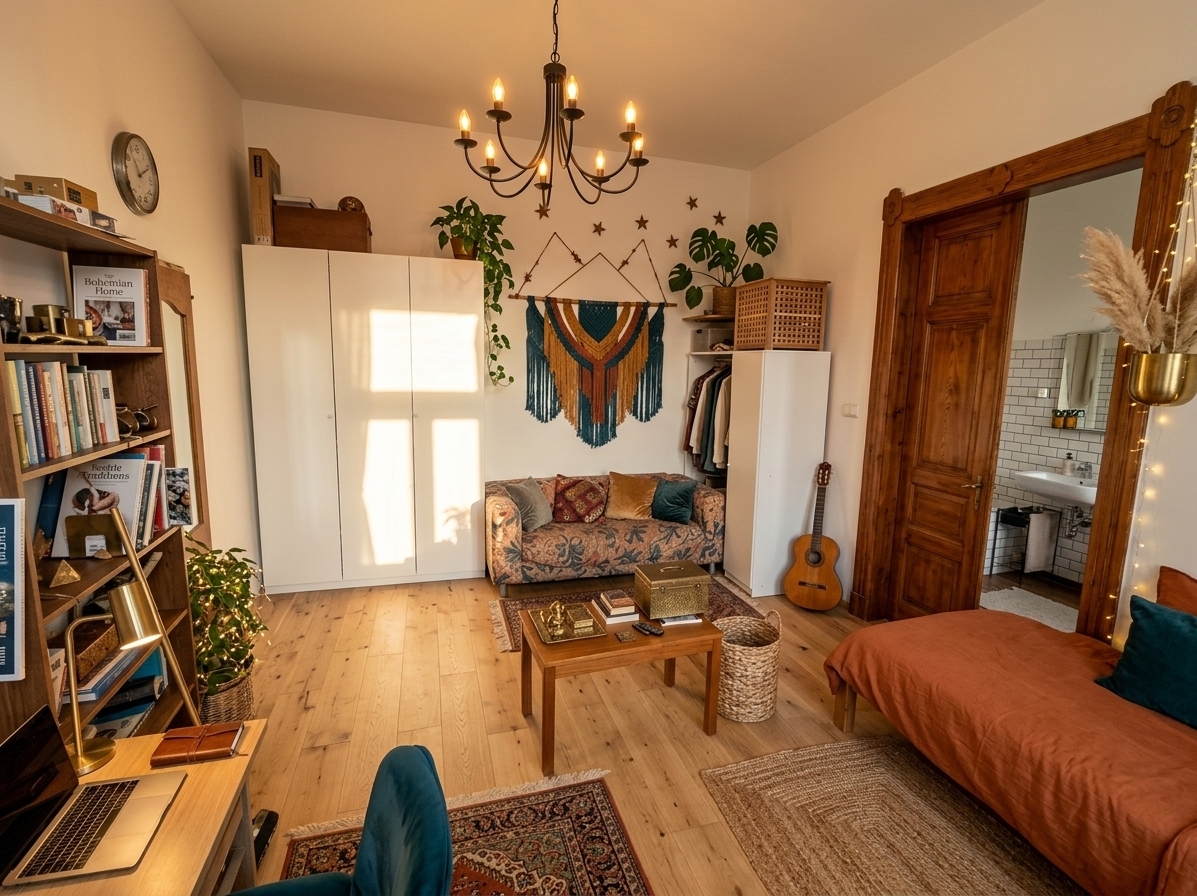 An incredibly lifelike, richly detailed, photorealistic wide-angle interior shot of a multi-functional bohemian gaming room and creative lounge set in an airy, high-ceiling apartment space. The scene is illuminated by golden hour sunlight filtering through tall linen drapes and the amber glow of a hand-woven bamboo pendant lamp, creating a warm, inviting, and free-spirited atmosphere. Captured with a 24mm prime lens, emphasizing the rich tactile textures of fringe macramé hangings, raw oak wood grain, polished brass accents, and plush velvet upholstery.

Reimagined as an eclectic Bohemian oasis, the layout seamlessly blends relaxed gaming with artistic leisure. To the left, a streamlined natural wood desk serves as a sophisticated gaming setup, housing an ultra-wide monitor with ambient backlighting alongside curated floating shelves displaying oversized art and photography books. The back wall features a grand, hand-woven tapestry in deep teal, warm rust, and mustard tones, replacing the original mural, framed by overflowing monstera plants and vase-bound pampas grass. Center stage, a low-profile carved teak coffee table sits atop layered vintage Persian and braided jute rugs, displaying brass trinkets and open photo albums. Across the space, a daybed draped in soft rust-orange linens and deep teal cushions offers a cozy nook, while delicate fairy lights wrapped around a corner hanging planter add an enchanting, cozy touch to this thoughtfully styled sanctuary.