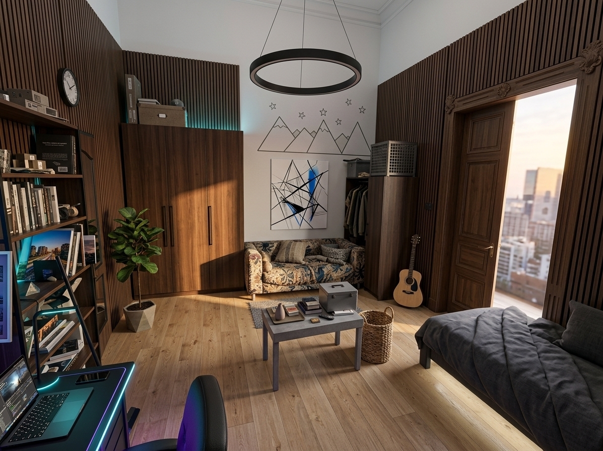 An incredibly lifelike, richly detailed, photorealistic wide-angle architectural shot of a modern fusion gaming room set in a renovated high-ceiling apartment. The scene is illuminated by modern, concealed RGB backlight accents mixed with soft golden hour sunlight streaming from a tall, classic window, creating a dynamic, focused, and sophisticated atmosphere. Captured with a 24mm tilt-shift lens, emphasizing smooth matte surfaces, raw industrial metals, rich walnut grains, and tactile fabrics...

This elevated design reimagines the original room into an open-concept, high-tech sanctuary where industrial architecture meets contemporary warmth. The original light-wood wardrobes and painted mountain decals are replaced with dark, vertical slatted acoustic walnut wall paneling that ascends toward the lofty white ceiling, dramatically accentuating the room’s proportions. Suspended from above, a minimalist, matte-black ring light chandelier replaces the traditional fixture, casting a gentle warm glow.

On the left, a custom modular wall unit made of powder-coated black steel and rich walnut holds a neatly organized library, featuring an open photography book displaying vivid urban landscapes. Adjacent to it sits an ergonomic, matte-black gaming desk with a dual-monitor setup, glowing with customizable cyan and deep purple LED backlighting. Across the space, where the original bed rested, a sleek low-profile platform bed upholstered in charcoal grey linen features hidden under-bed LED illumination, maintaining human scale while feeling light and floating.

In the center, replacing the cluttered coffee table, is a smooth, cast-concrete low table adorned with minimal decor—a ceramic vase, a small stack of hardcovers, and metallic coasters. To the right, where the wardrobe once stood, a vibrant, mustard-yellow lounge chair serves as a bold geometric accent against a monochromatic backdrop. A large, frameless piece of abstract wall art with sharp black line work and splashes of electric blue hangs proudly as a focal point.

A tall, lush Ficus Lyrata plant stands in the corner, its vibrant green leaves contrasting beautifully against the moody dark accents and smooth light oak hardwood flooring. Outside the large restored balcony windows, a soft-focus urban skyline bathing in dusk light complements the room’s sleek, urban dynamic, creating a perfect balance between cutting-edge functionality and cozy, serene living.